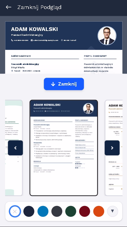 Wybór szablonu CV w kreatorze online — widok mobilny