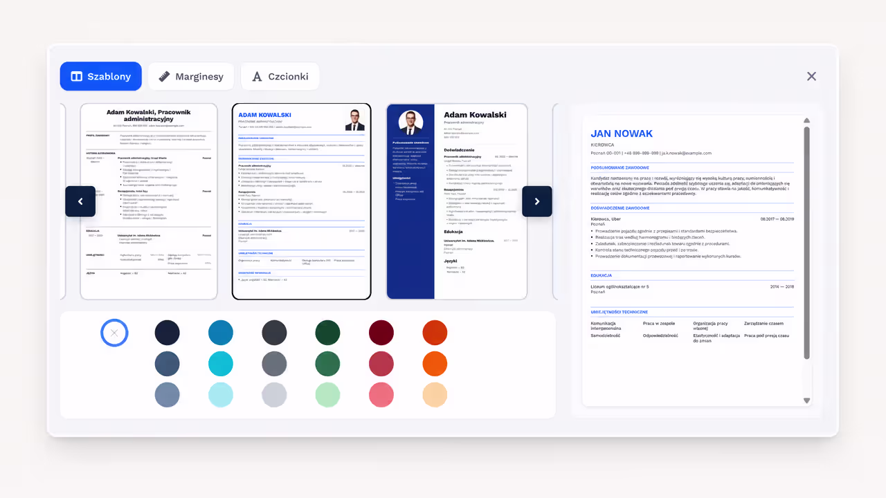 Wybór szablonu CV w kreatorze online — widok desktopowy