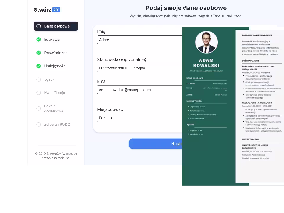 Kreator CV online – widok edycji danych w dokumencie