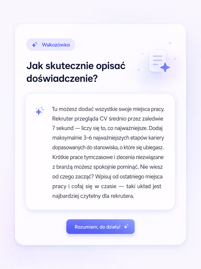Kreator CV ze wskazówkami rekruterów – podgląd funkcji
