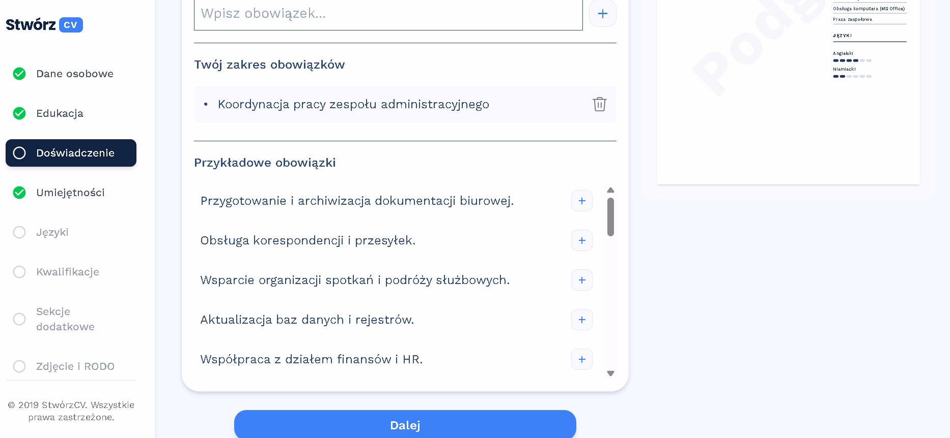 Podpowiedzi obowiązków dopasowane do stanowiska w kreatorze CV