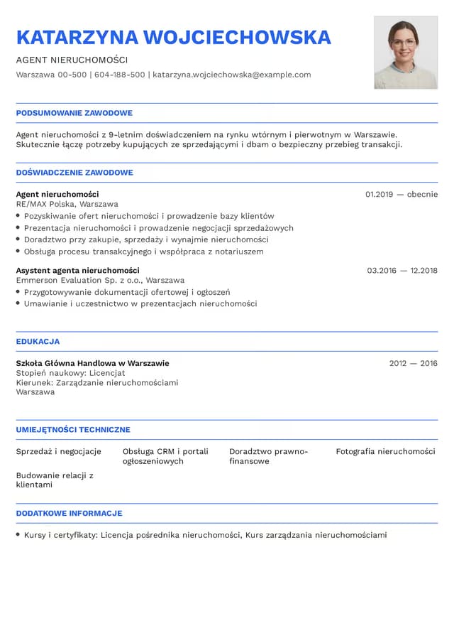 Nowoczesny szablon CV - Agent Nieruchomości