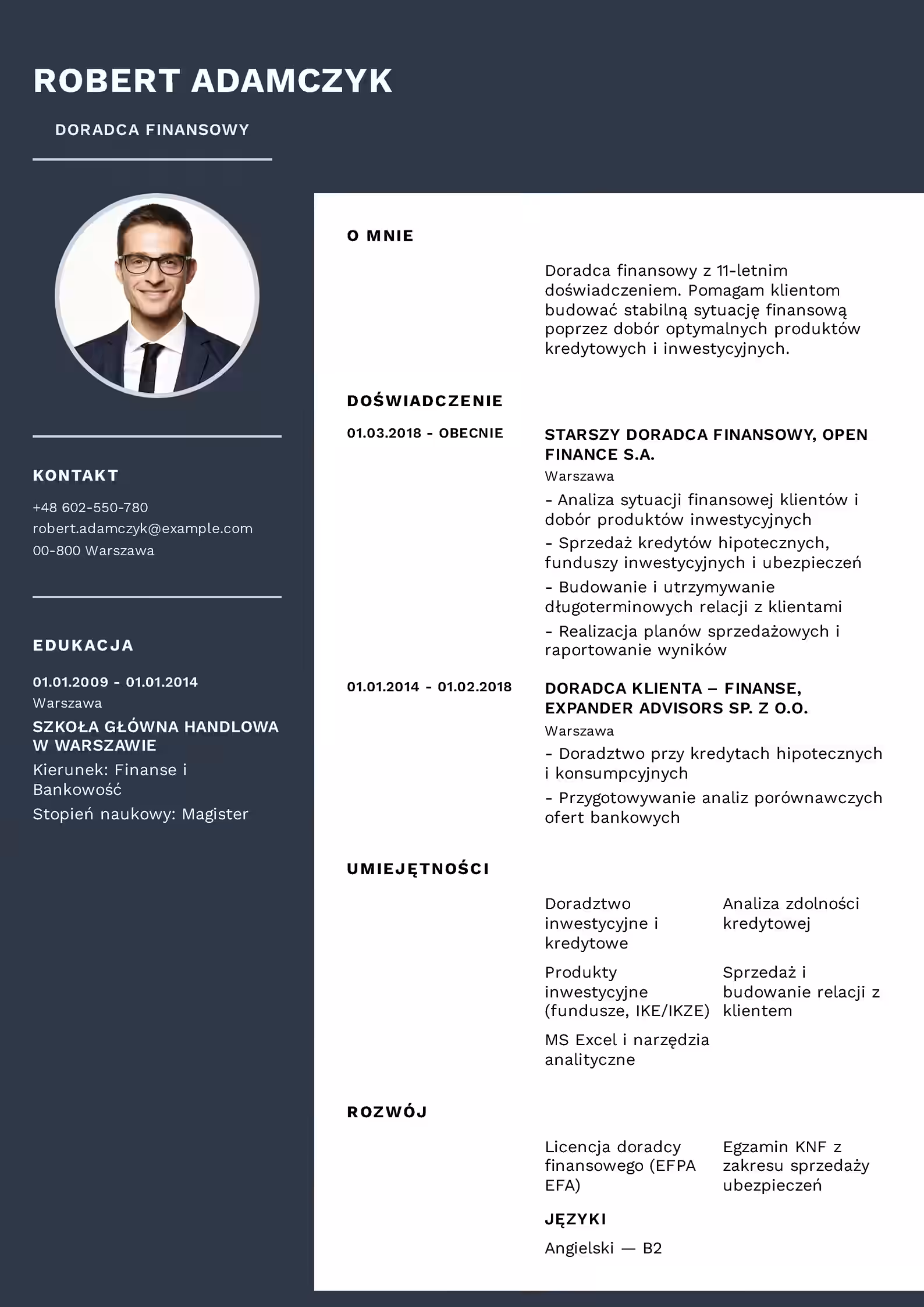 Wzór CV Doradca Finansowy – gotowy przykład do pobrania