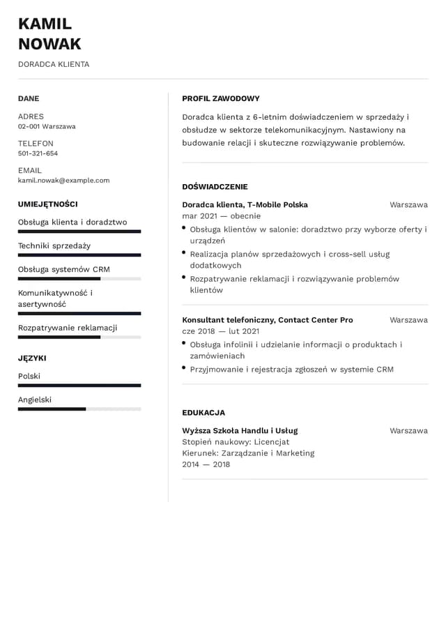 Klasyczny szablon CV - Doradca Klienta