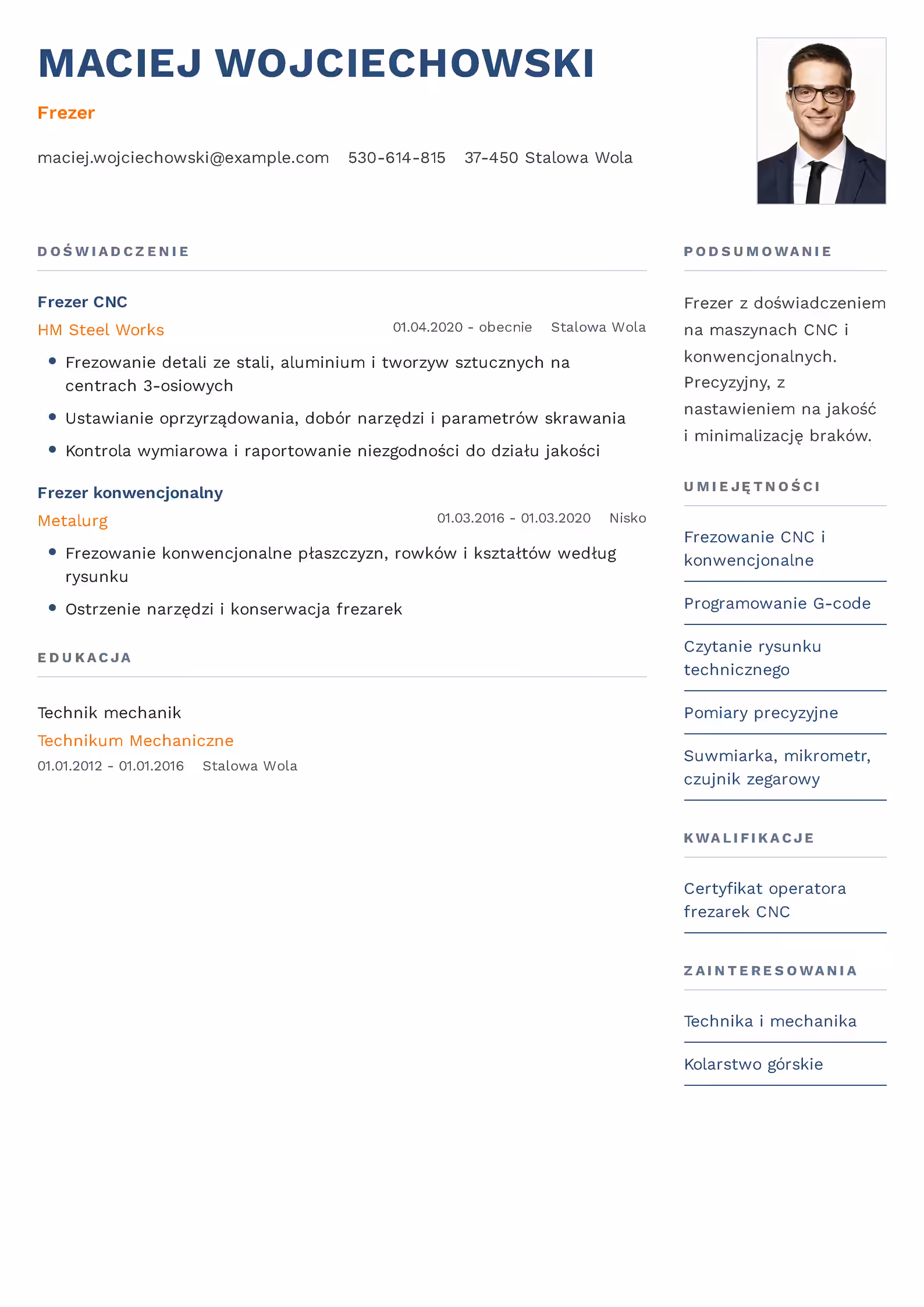 Wzór CV frezer – przykładowy szablon do pobrania