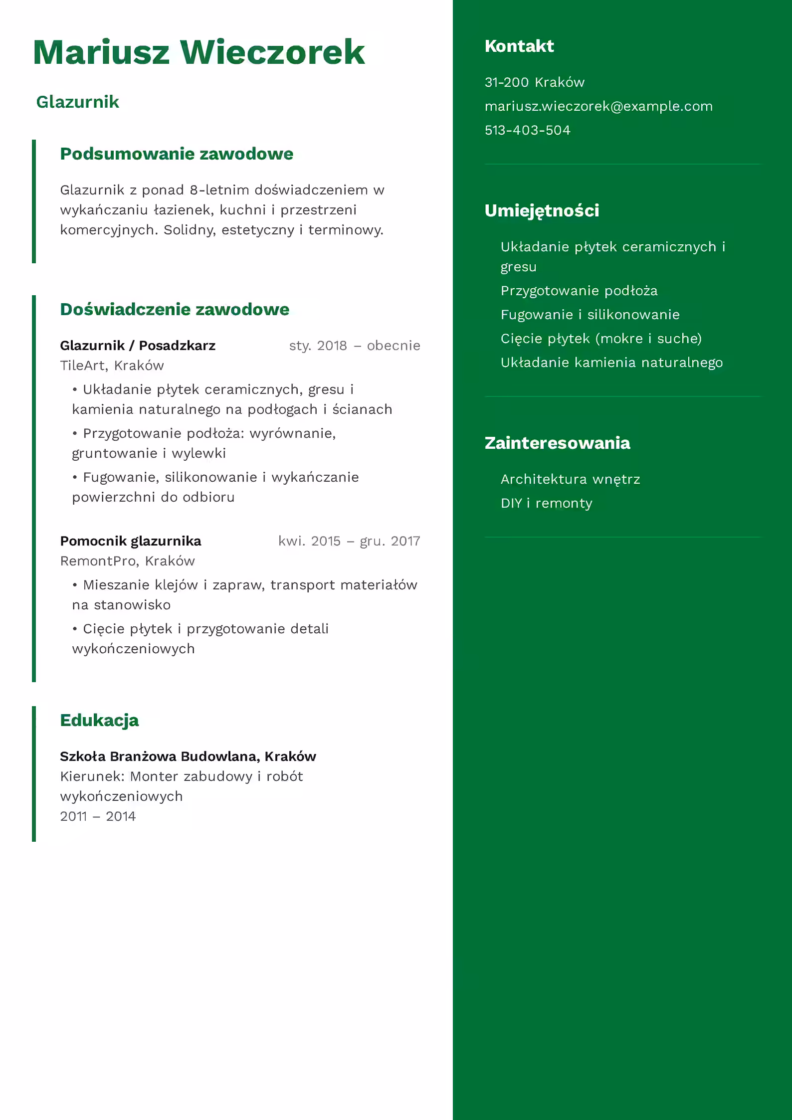 Wzór CV glazurnik — przykład nowoczesnego dokumentu aplikacyjnego