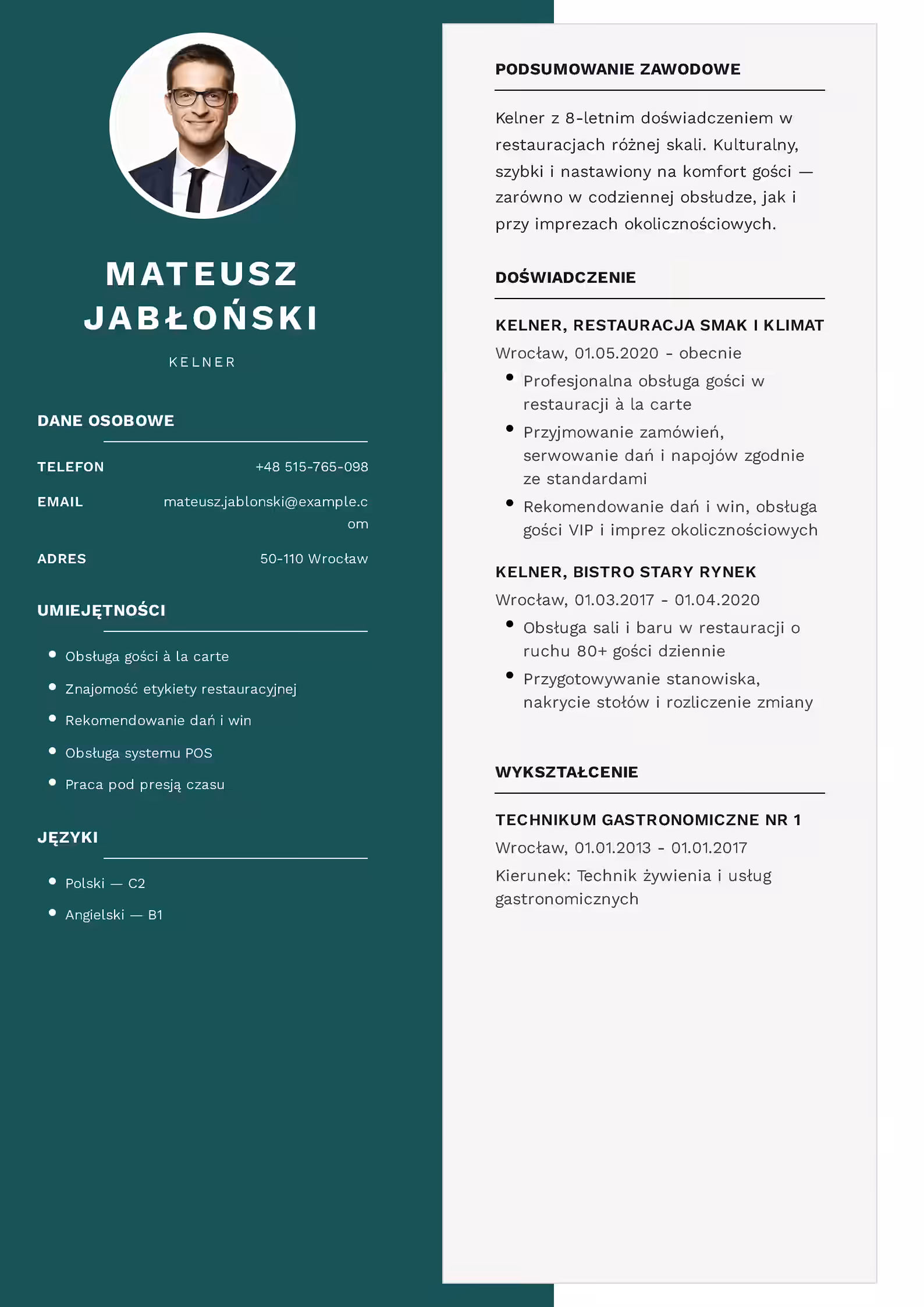 Wzór CV kelner — gotowy przykład dokumentu