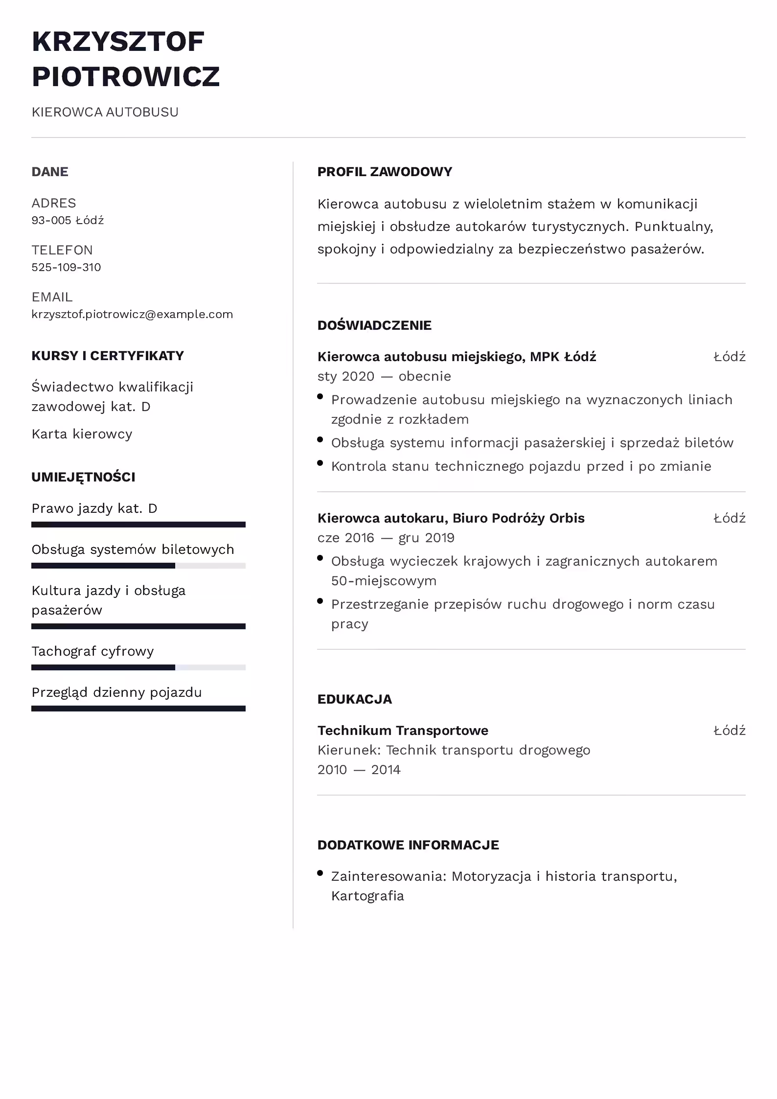 Wzór CV kierowcy autobusu z przykładowym układem sekcji