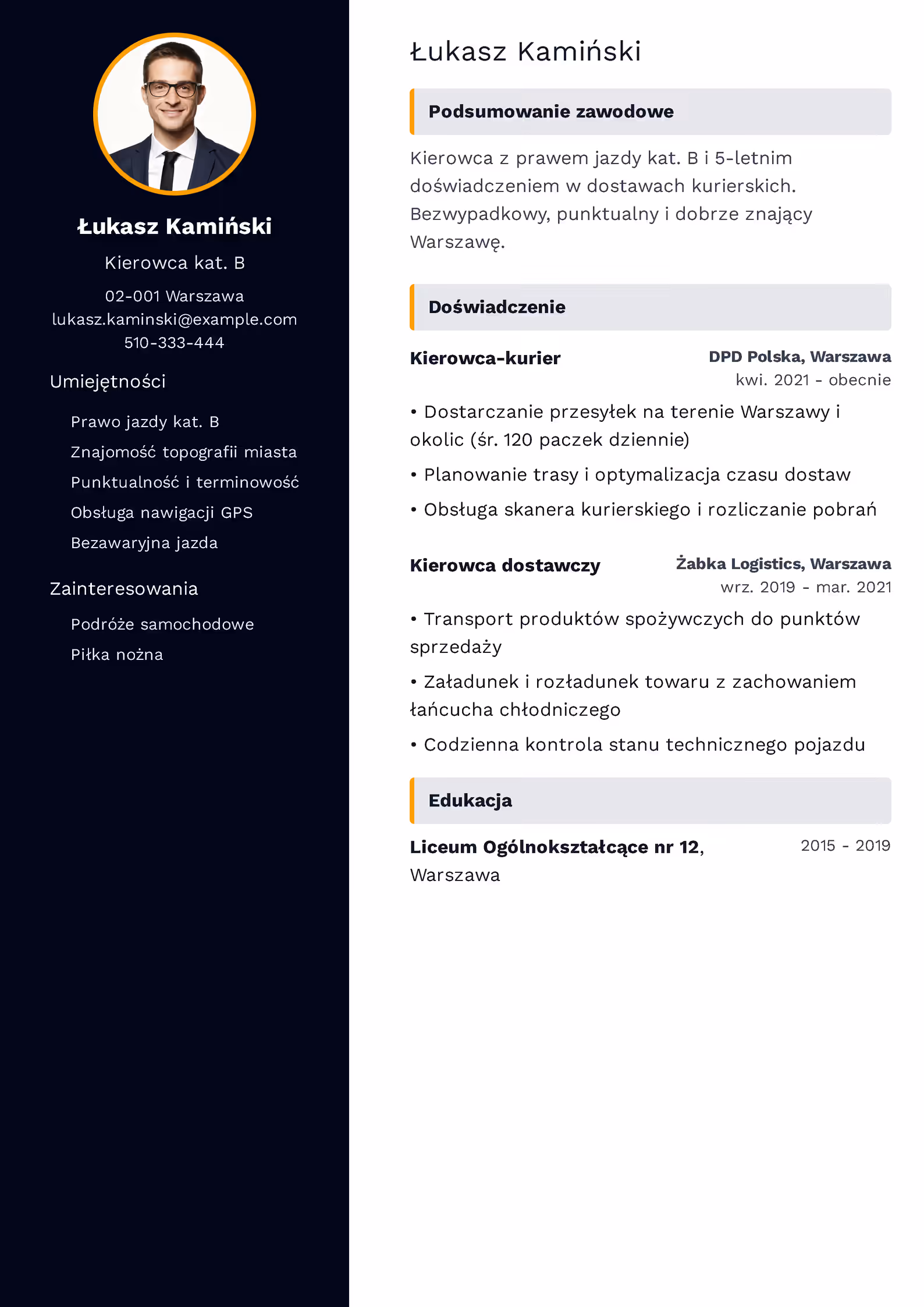 Kierowca kat. B - przykładowy wzór CV