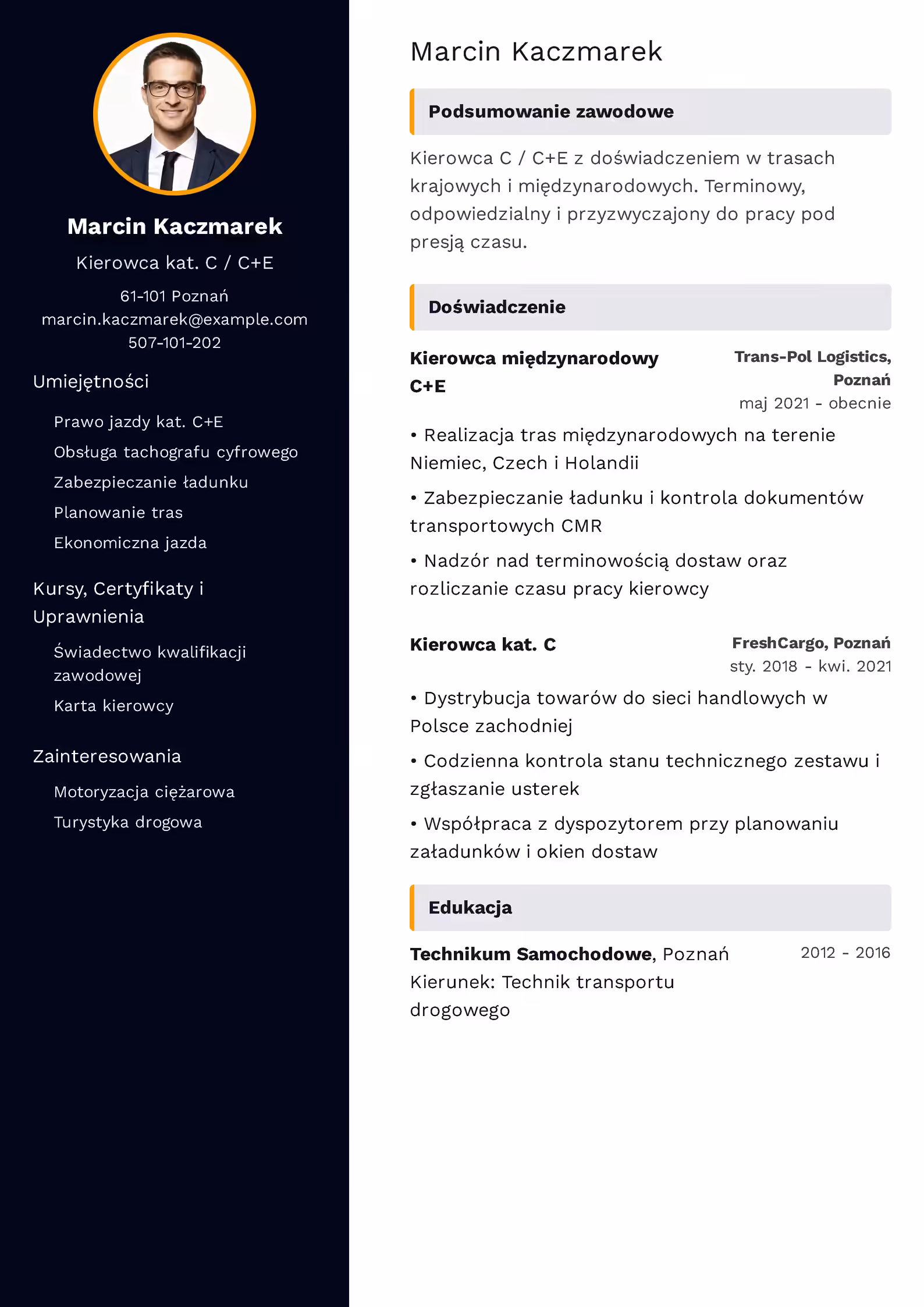 Kierowca kat. C / C+E - przykładowy wzór CV