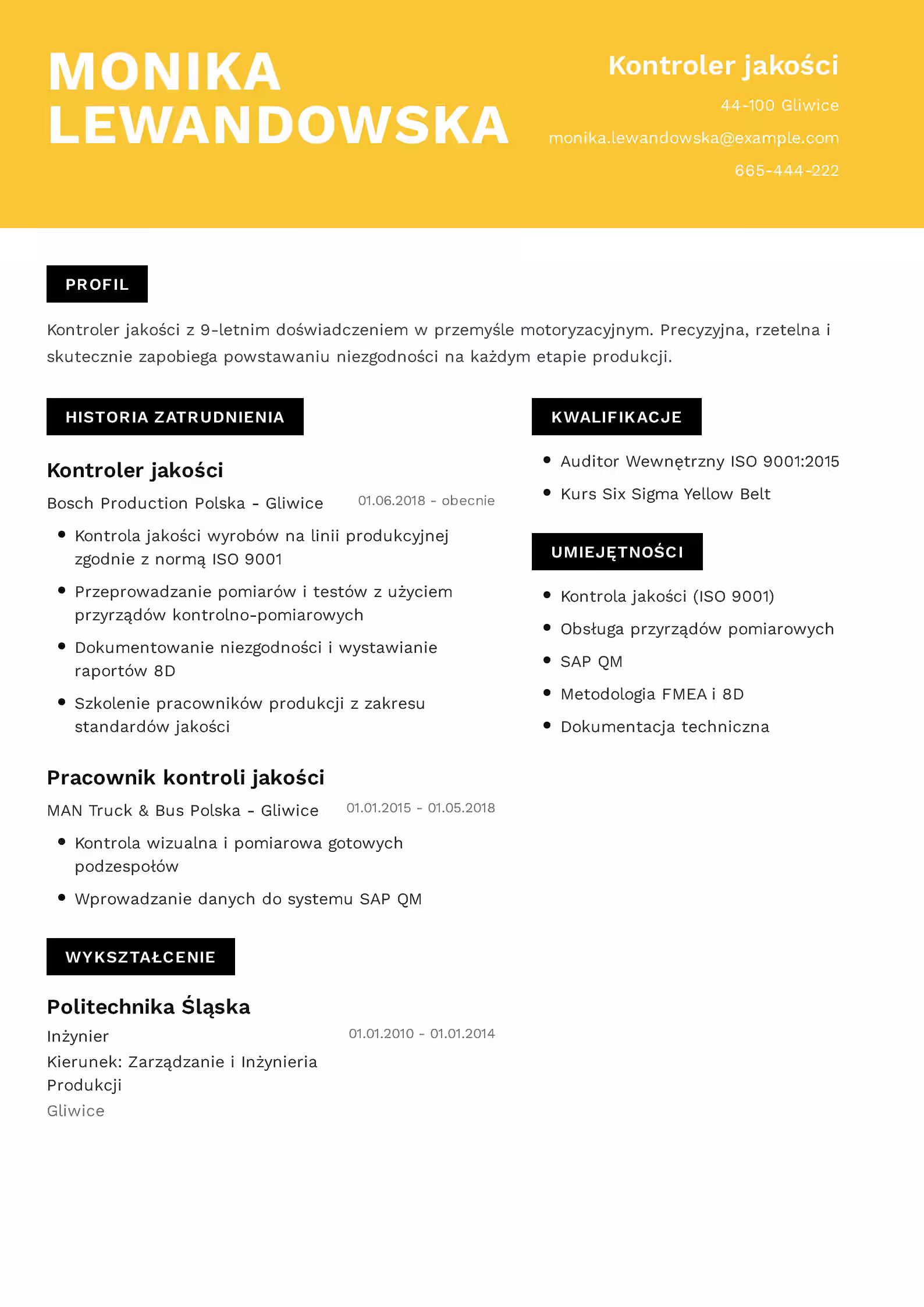 Wzór CV Kontroler Jakości — przykład dobrze przygotowanego dokumentu