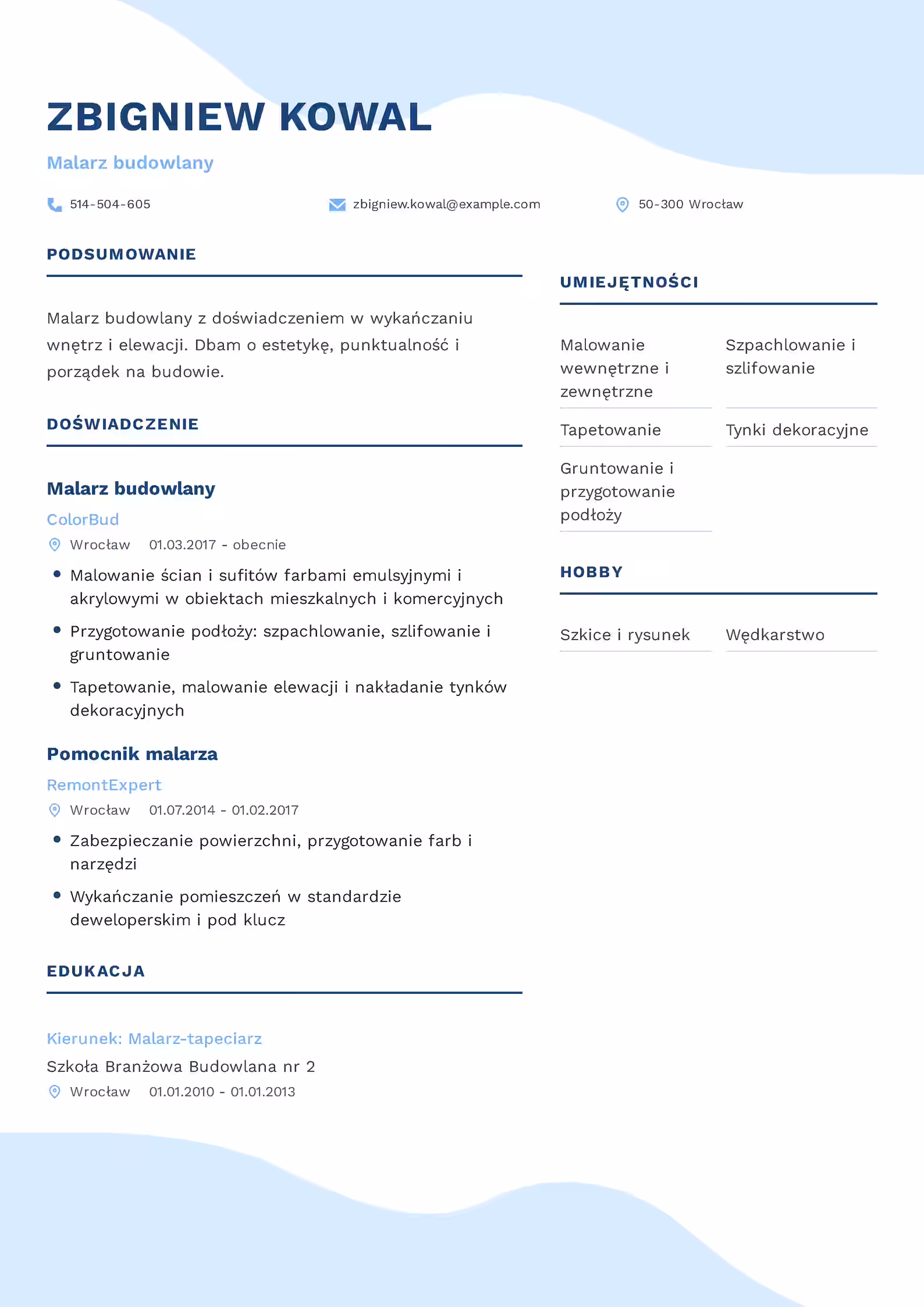 Wzór CV malarza budowlanego z przykładowym układem sekcji