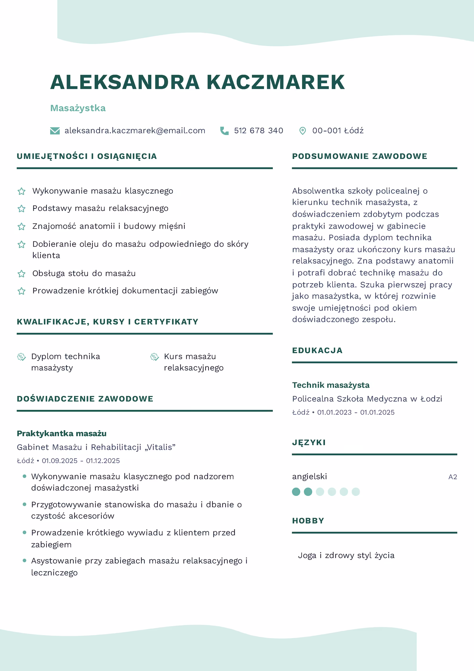Wzór CV masażystki — przykładowy szablon do pobrania
