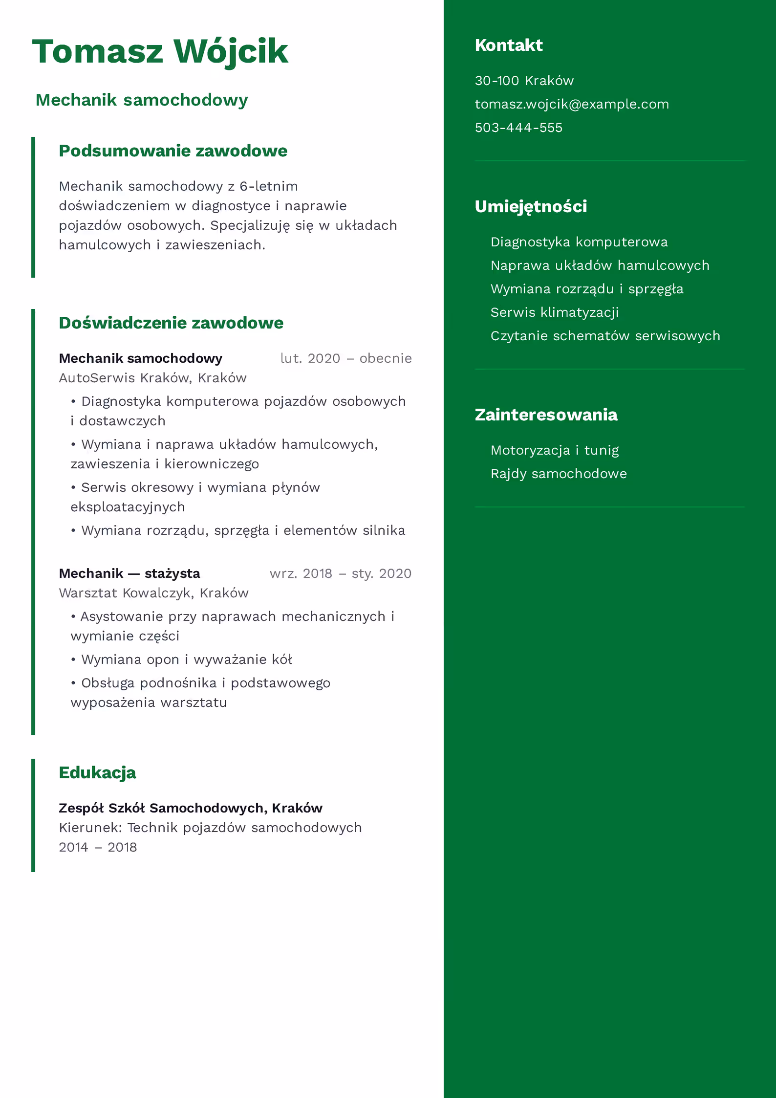 Wzór CV mechanika samochodowego — przykład gotowego CV do pracy w warsztacie