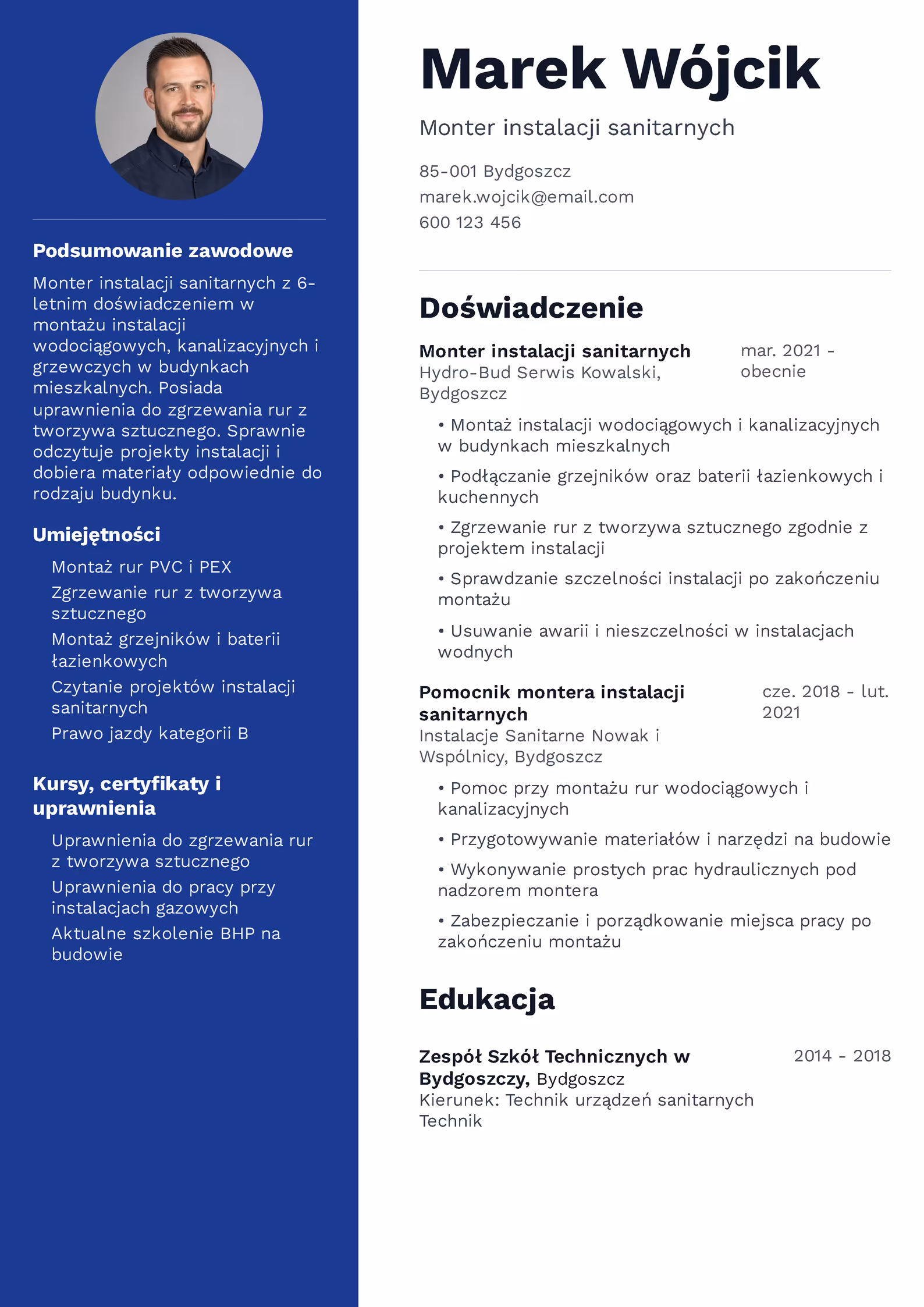 Wzór CV monter instalacji sanitarnych – przykładowy szablon do pobrania