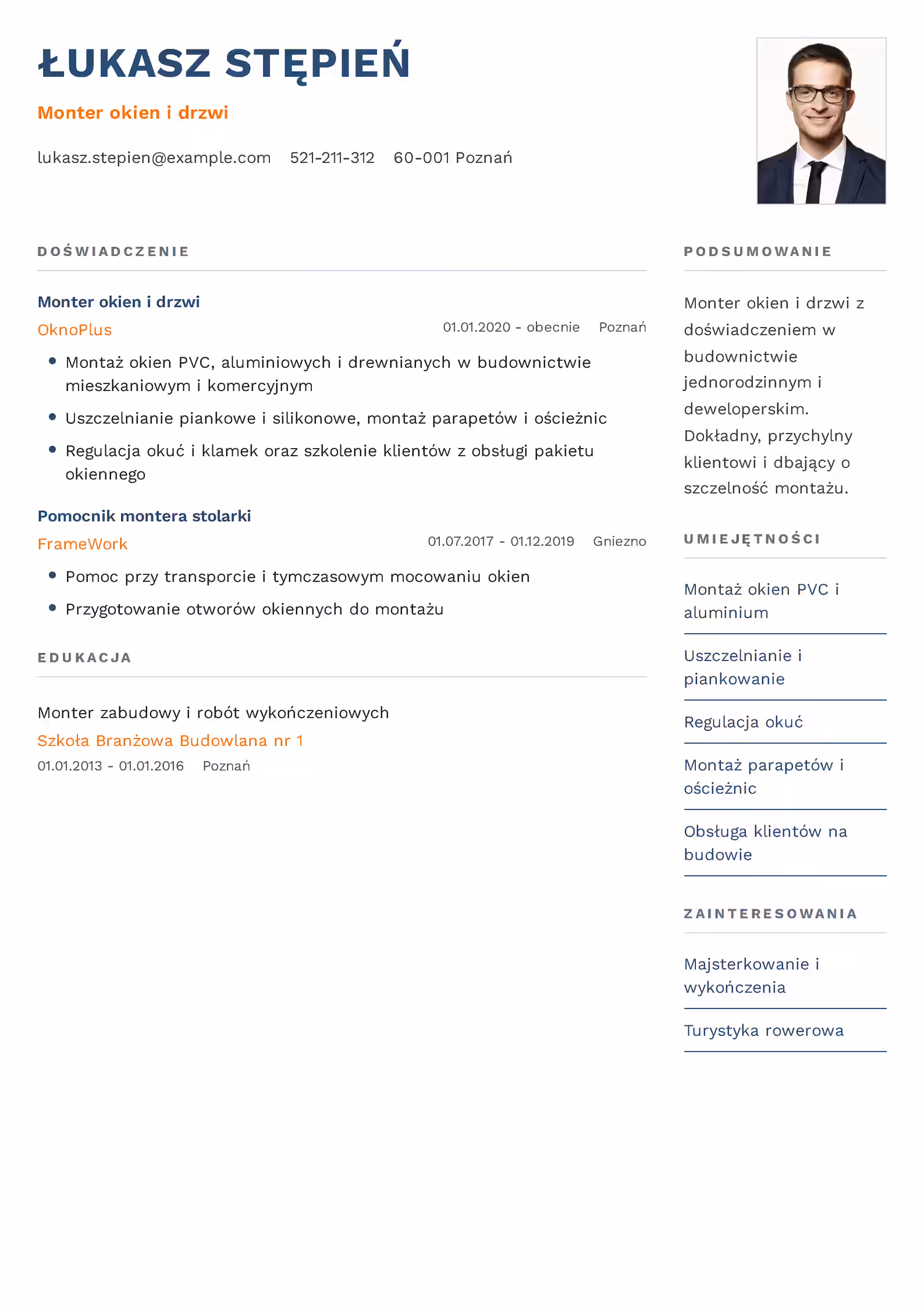 Wzór CV Monter Okien — przykład profesjonalnego dokumentu aplikacyjnego