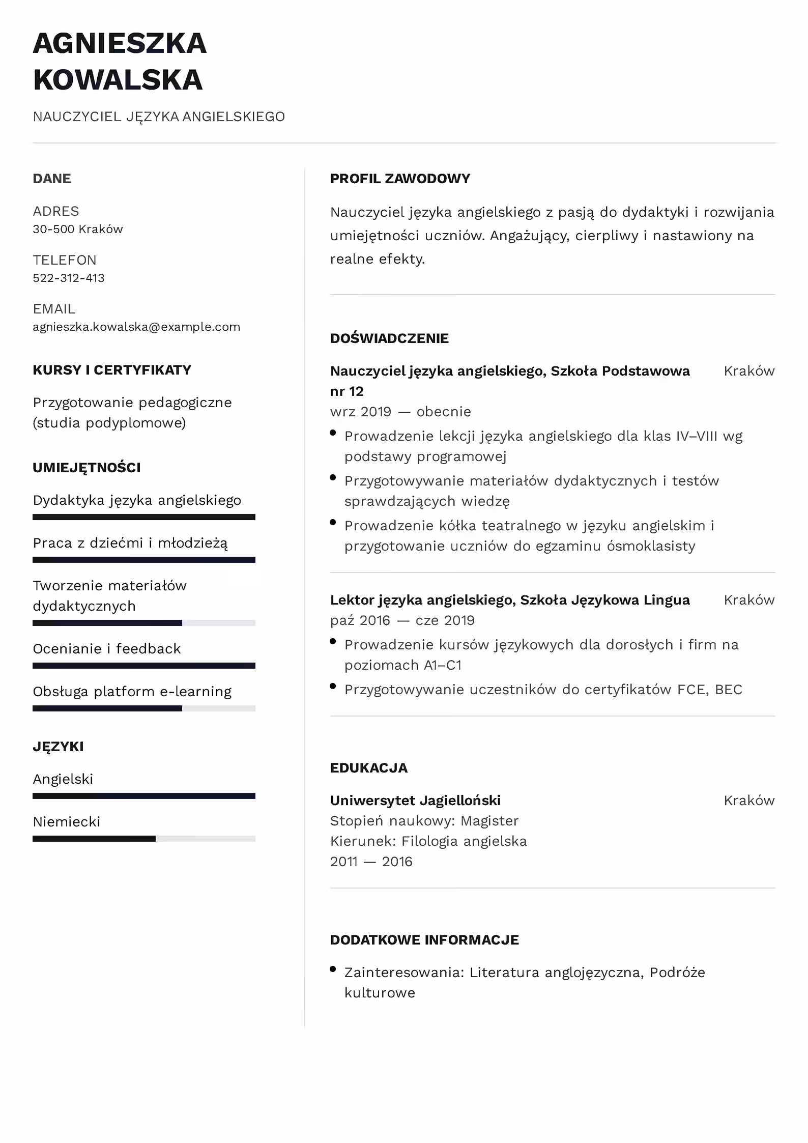 Wzór CV nauczyciela – przykład nowoczesnego CV do pobrania