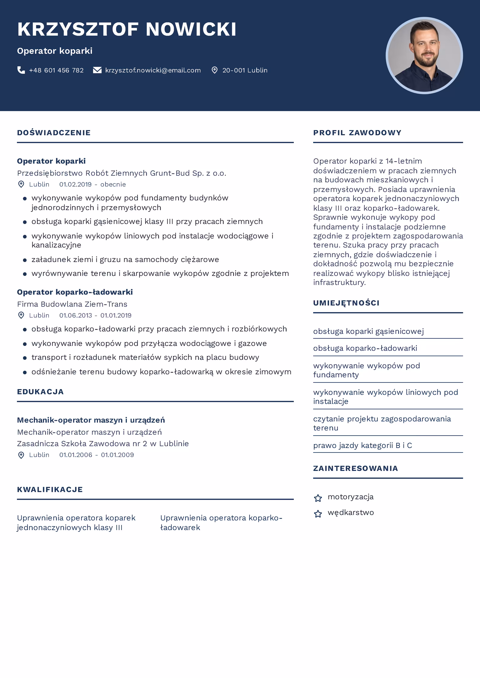 Wzór CV operator koparki – przykładowy szablon do pobrania
