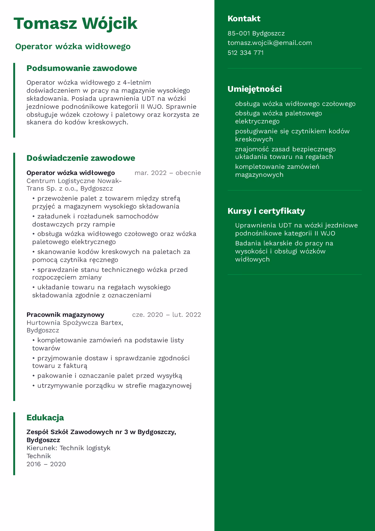 Wzór CV operator wózka widłowego – przykładowy szablon do pobrania