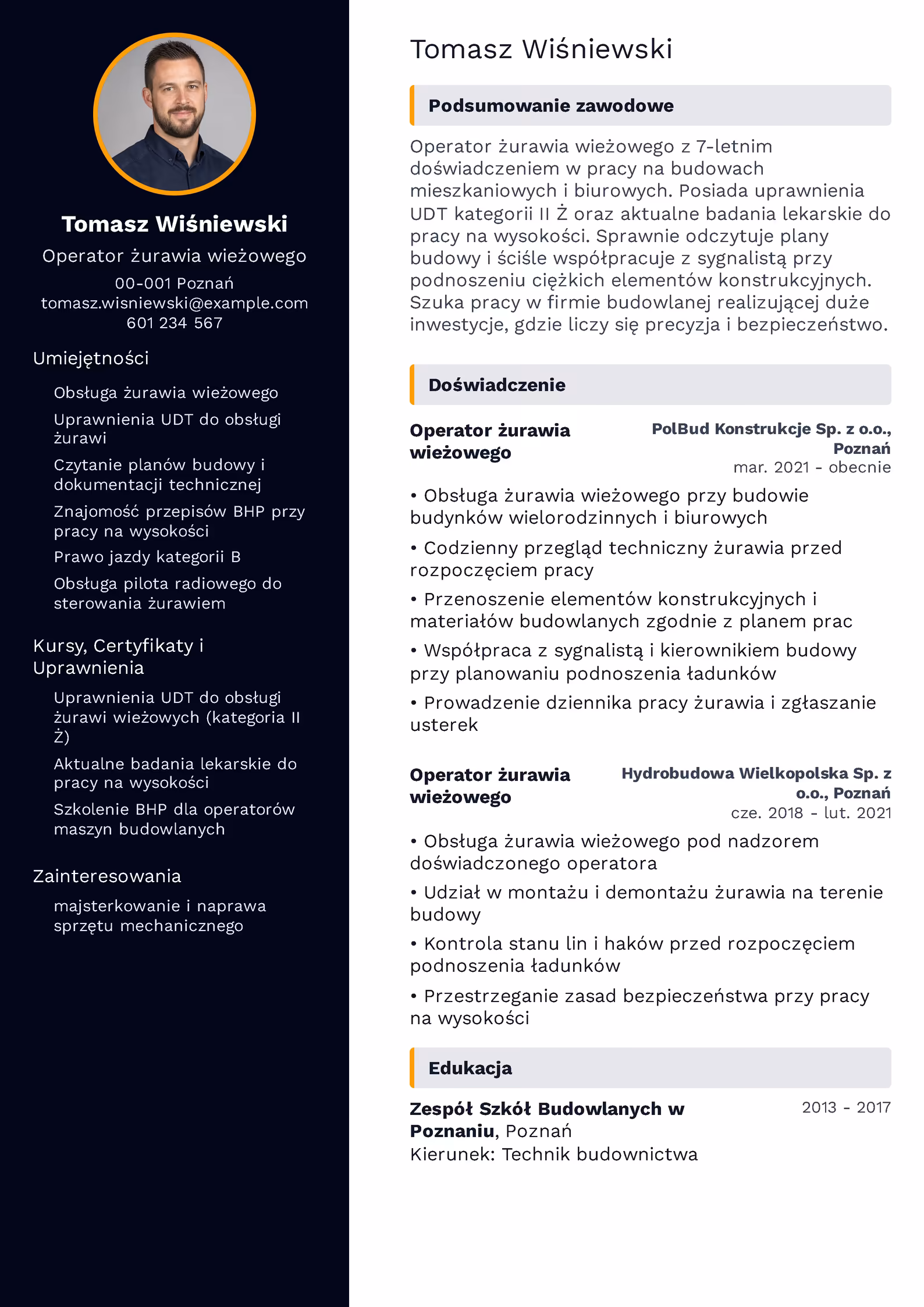 Wzór CV operator żurawia – przykładowy szablon do pobrania