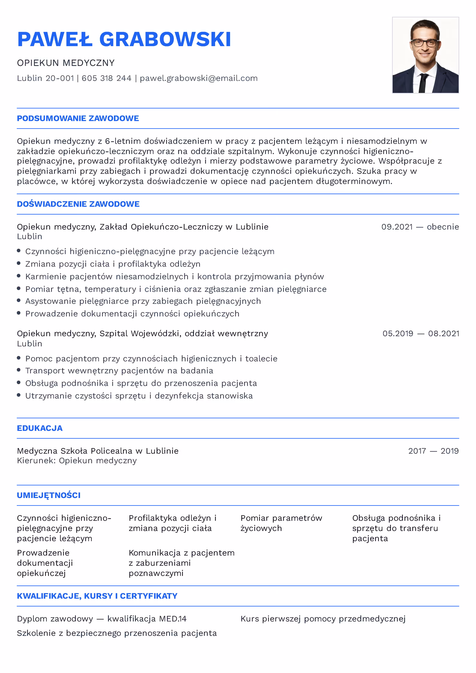 Wzór CV opiekun medyczny – przykładowy szablon do pobrania