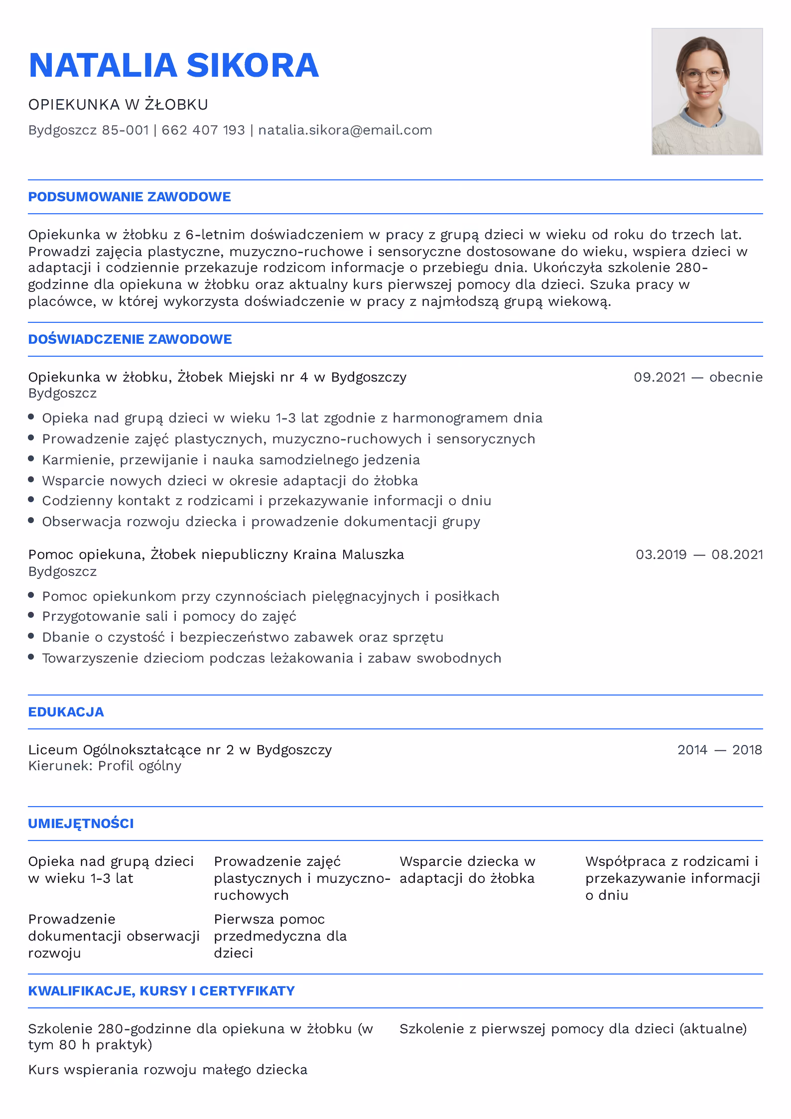 Wzór CV opiekunka w żłobku – przykładowy szablon do pobrania