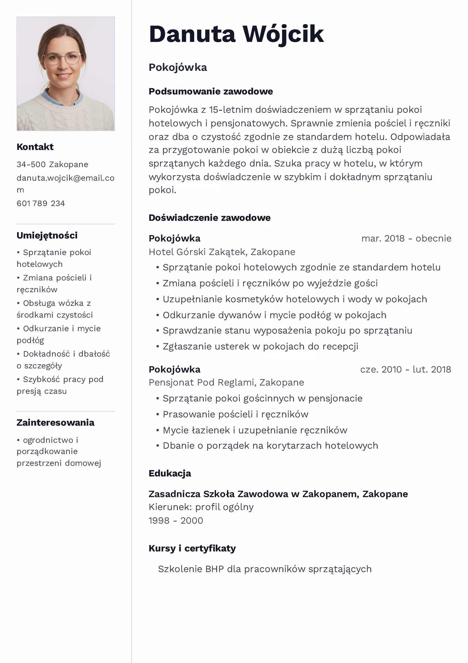 Wzór CV pokojówka – przykładowy szablon do pobrania