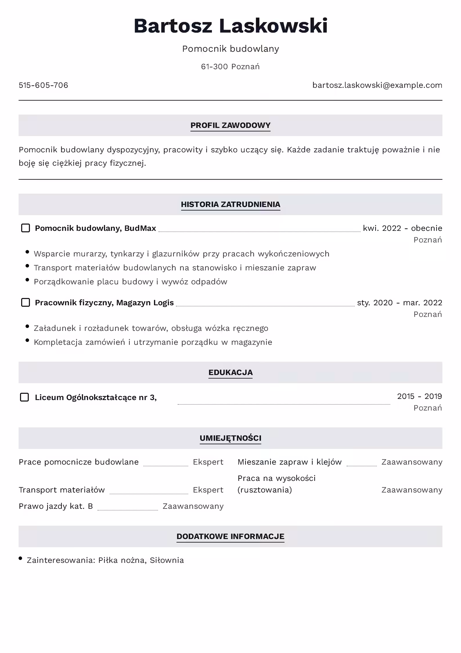 Wzór CV pomocnik budowlany z przykładowym układem sekcji