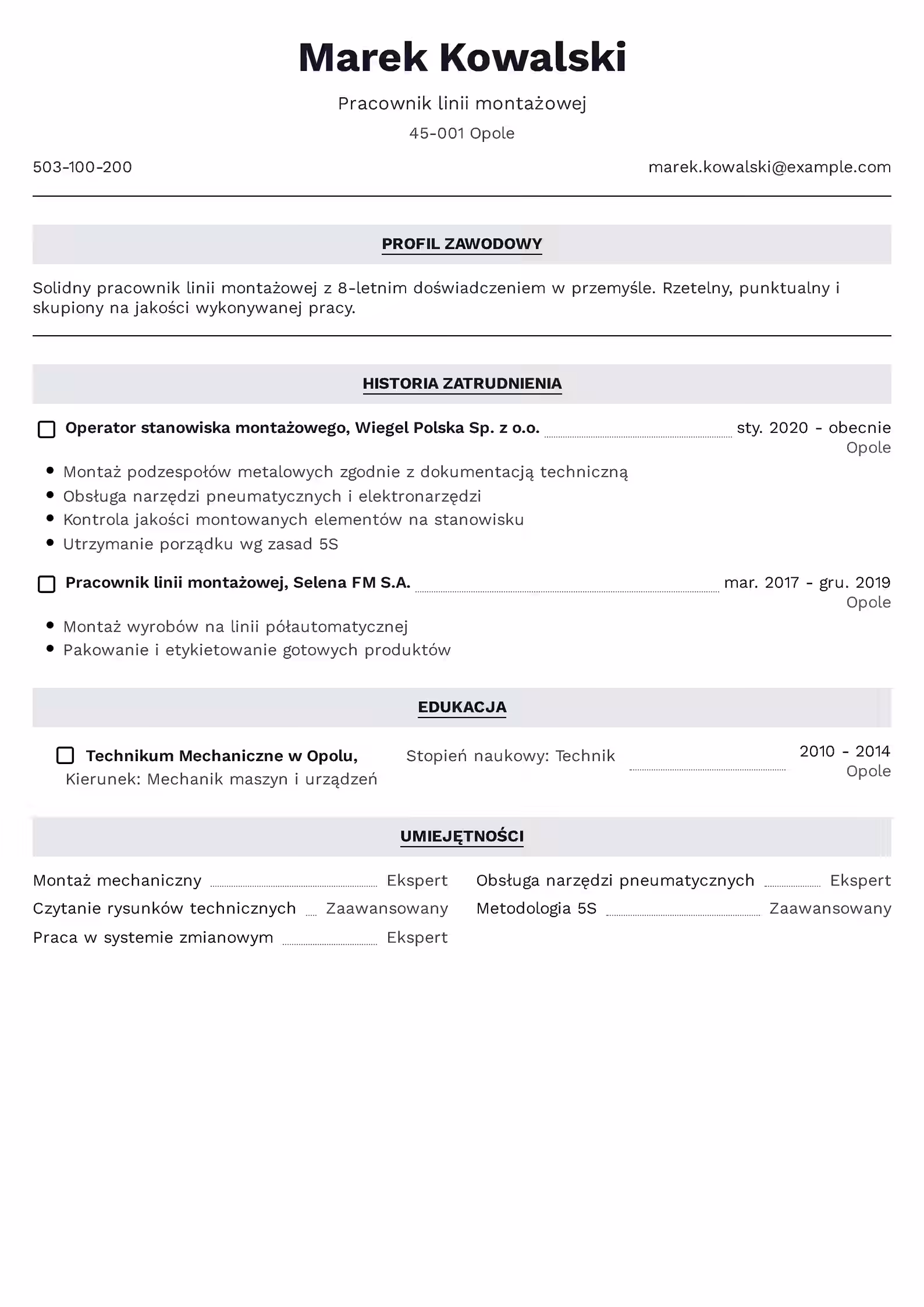 Wzór CV pracownika linii montażowej — poradnik i gotowy przykład