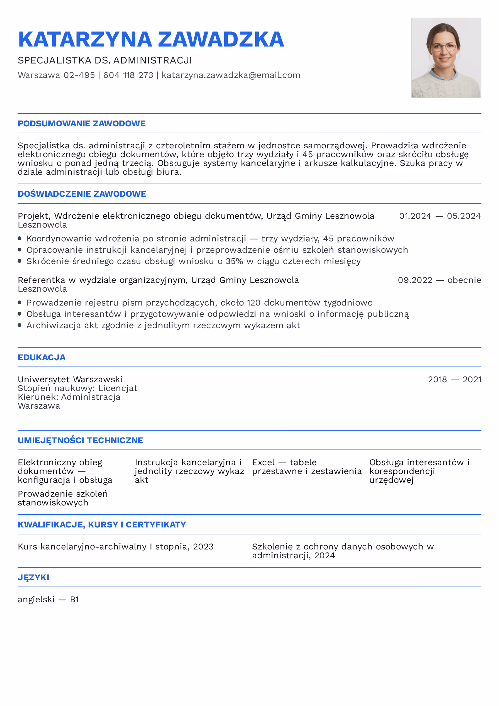 CV specjalistki ds. administracji z wpisem projektowym w doświadczeniu zawodowym