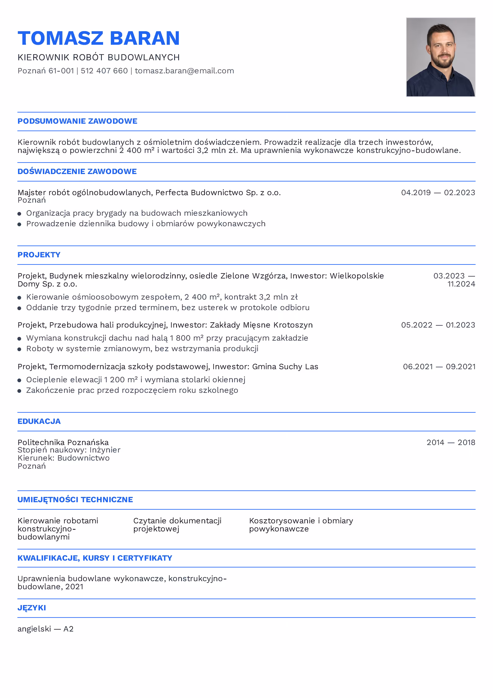 CV kierownika robót budowlanych z osobną sekcją Projekty i realizacjami dla trzech inwestorów