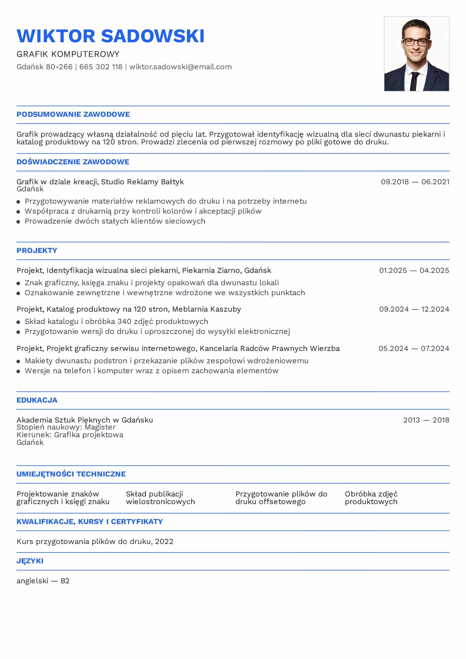 CV grafika z osobną sekcją Projekty zawierającą realizacje dla klientów