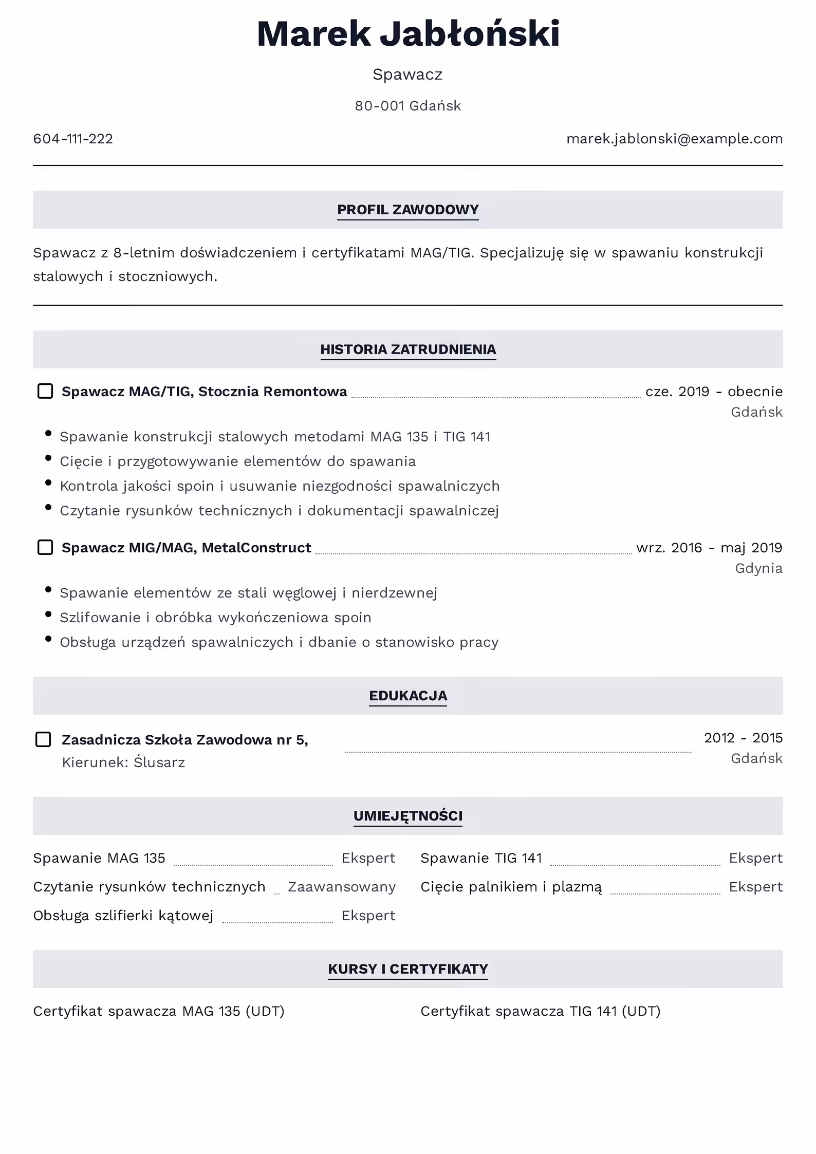 Wzór CV spawacza z przykładowymi sekcjami doświadczenia i umiejętności