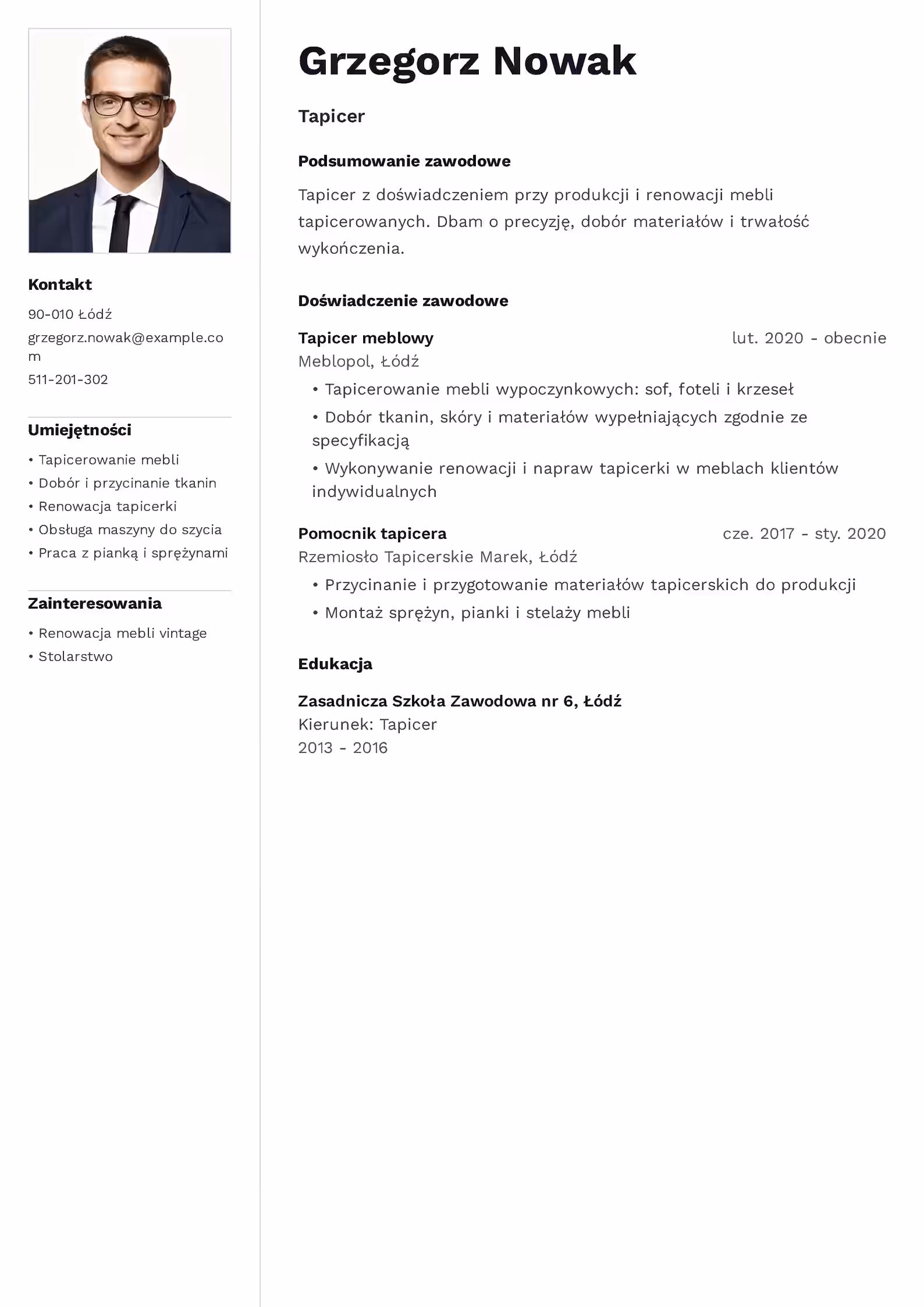 Wzór CV tapicera z przykładowym układem sekcji