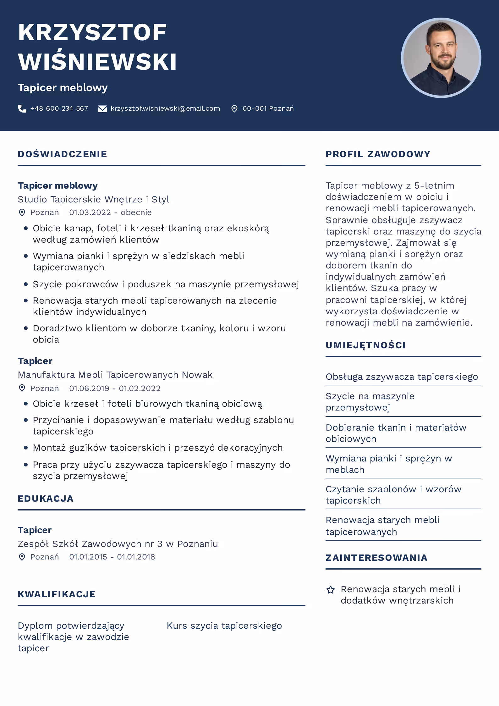 Wzór CV tapicera meblowego – przykładowy szablon do pobrania