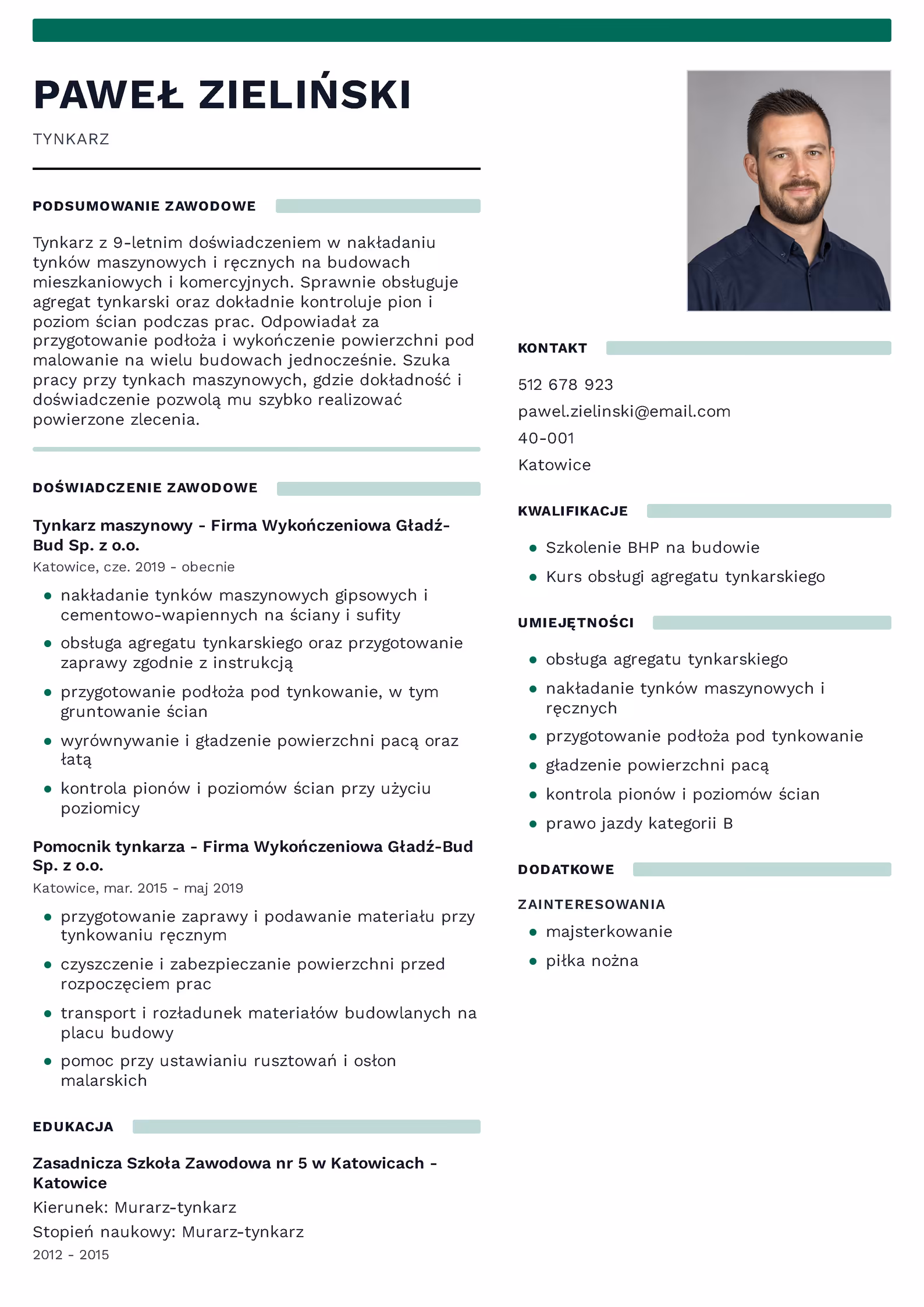 Wzór CV tynkarz – przykładowy szablon do pobrania