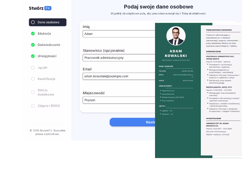 Kreator CV online z podglądem dokumentu i edycją sekcji