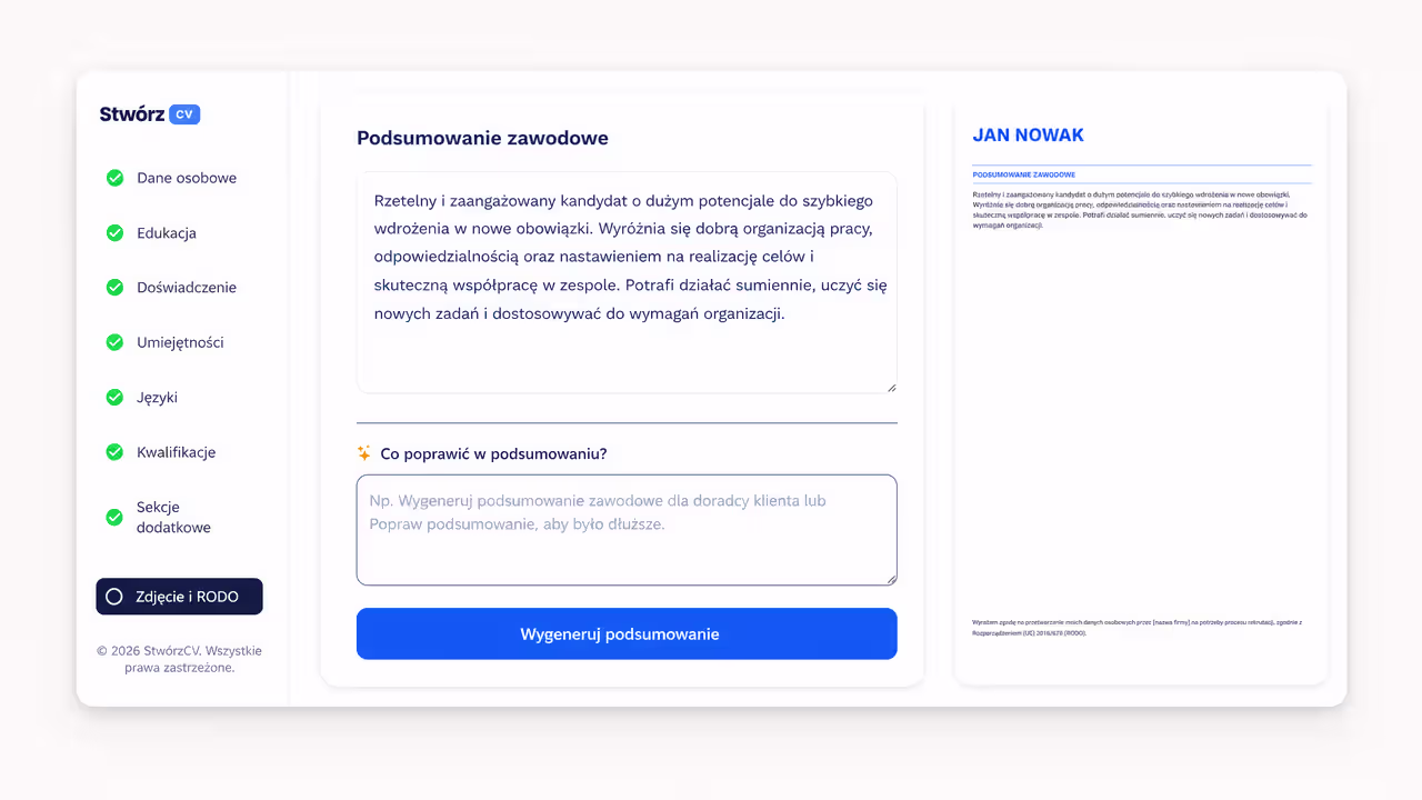 Automatyczne generowanie listu motywacyjnego - kreator CV online