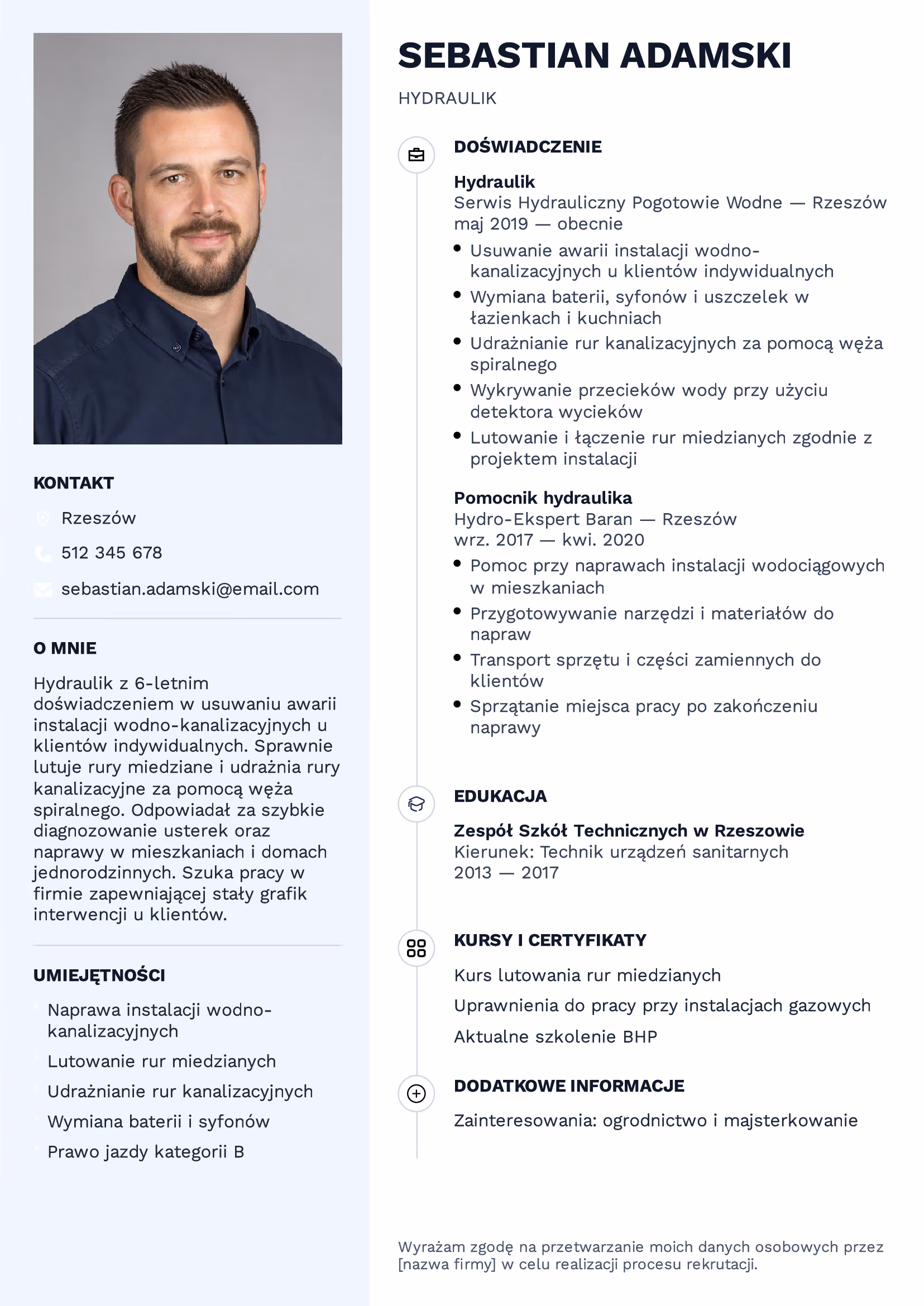 Wzór CV hydraulika po polsku — doświadczenie, umiejętności, kursy i certyfikaty