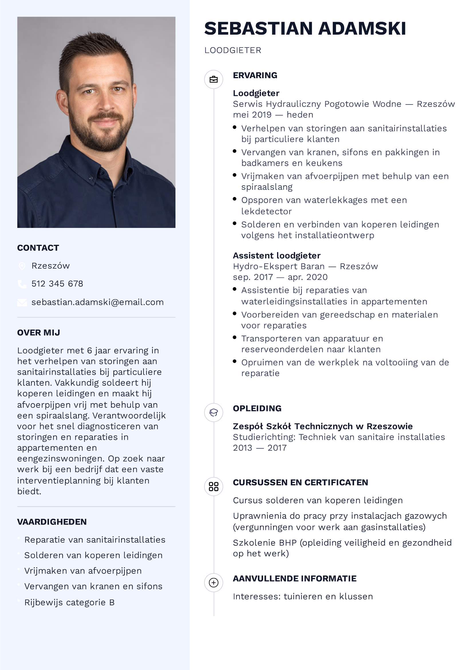 To samo CV hydraulika przetłumaczone na niderlandzki — loodgieter, ervaring, vaardigheden