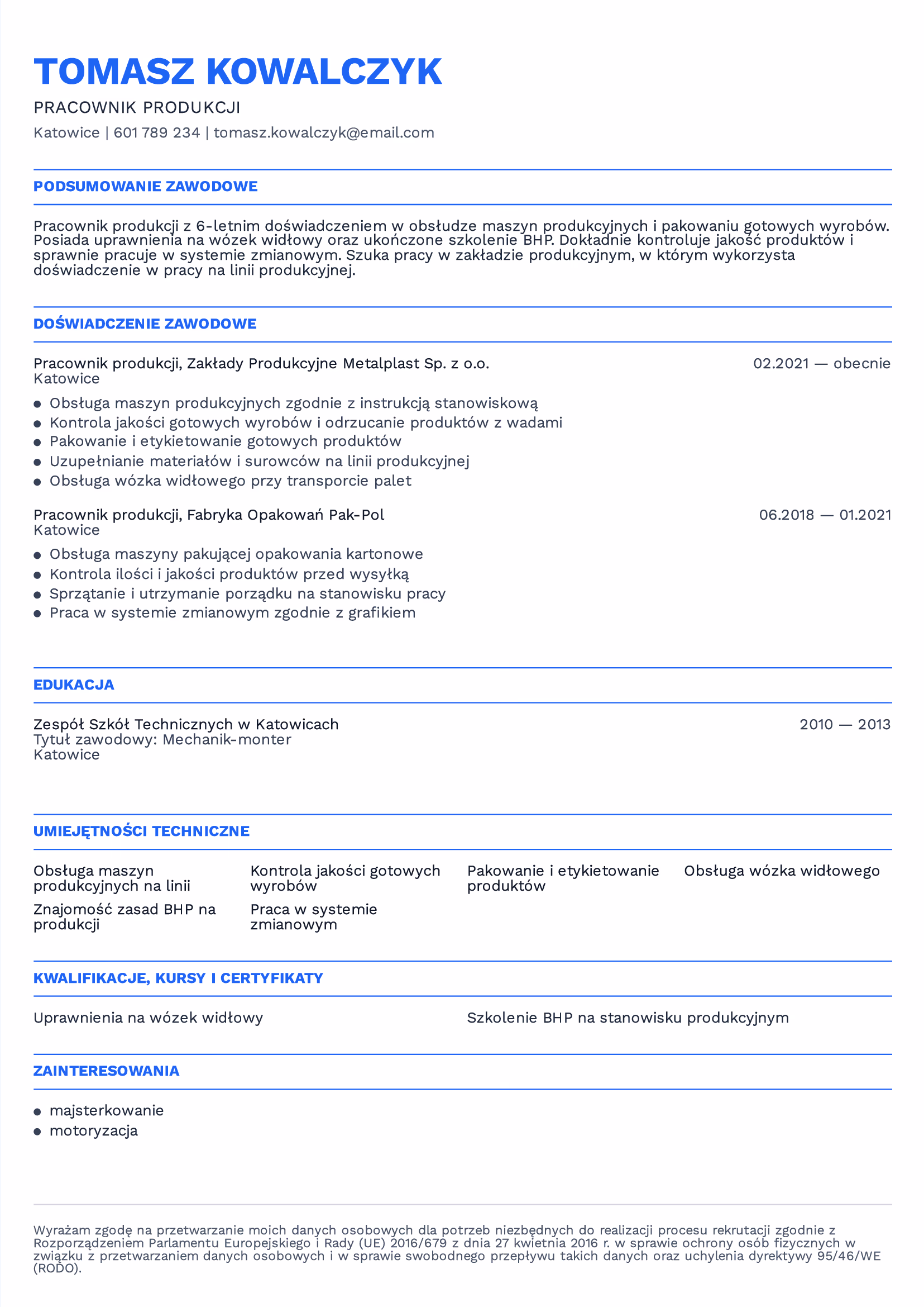Wzór CV pracownika produkcji po polsku — podsumowanie zawodowe, doświadczenie, umiejętności techniczne