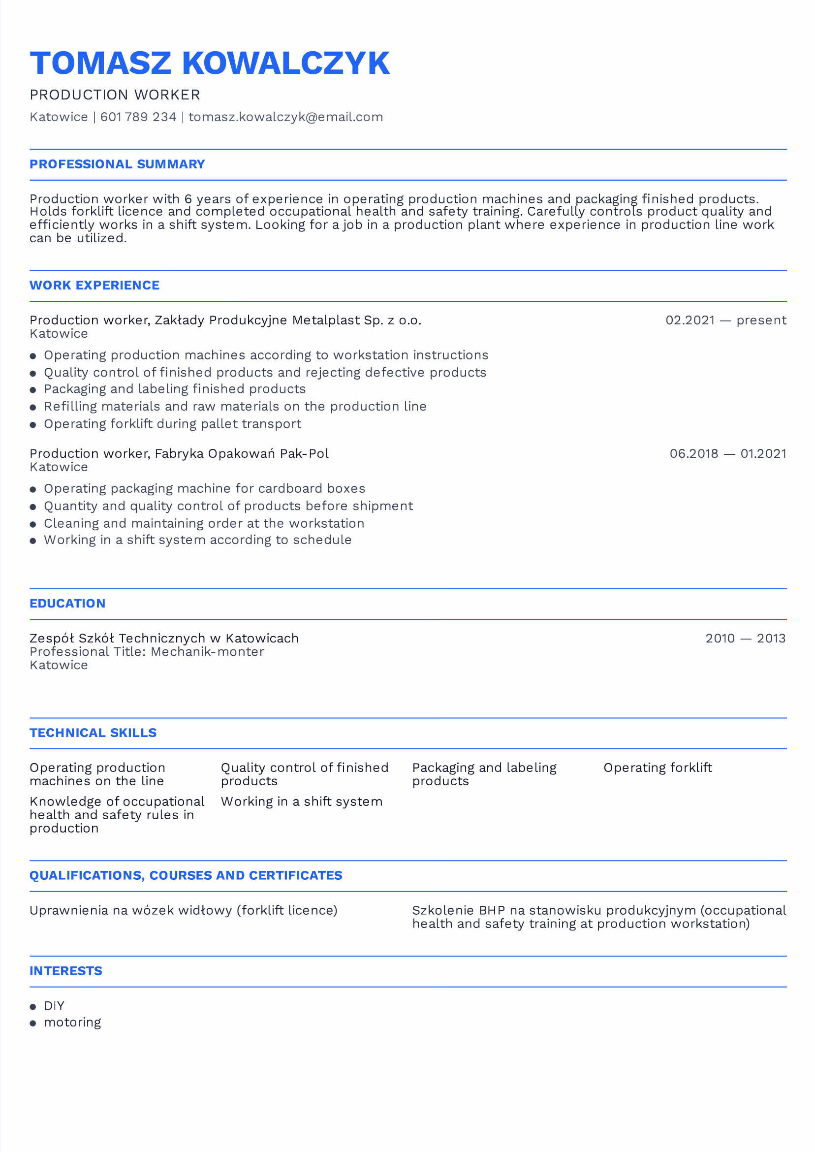 To samo CV pracownika produkcji przetłumaczone na angielski — production worker, work experience, technical skills