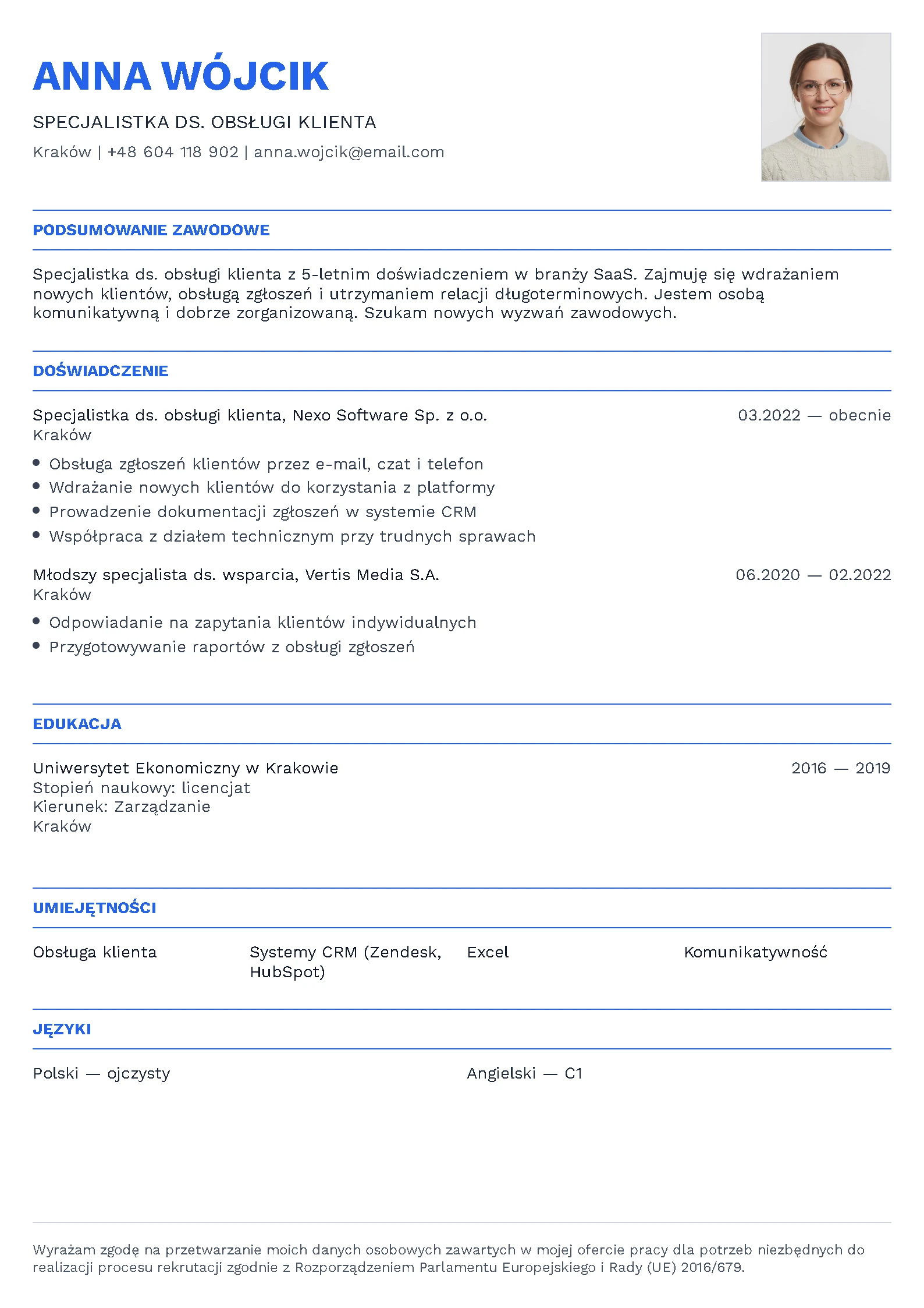 Polskie CV specjalistki ds. obsługi klienta — ze zdjęciem i klauzulą RODO