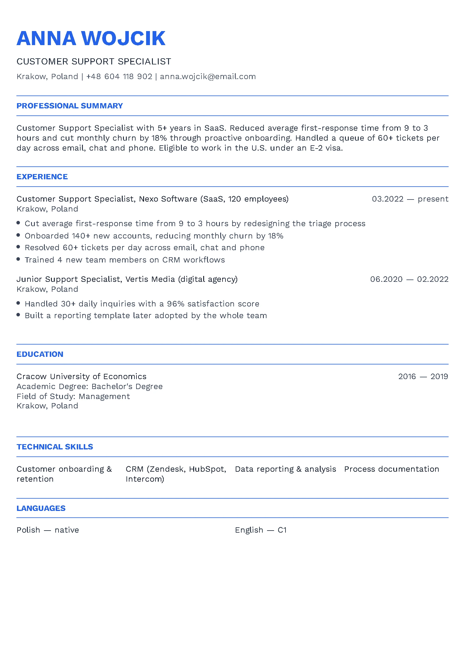 To samo CV jako amerykańskie resume — bez zdjęcia, bez RODO, z osiągnięciami w liczbach