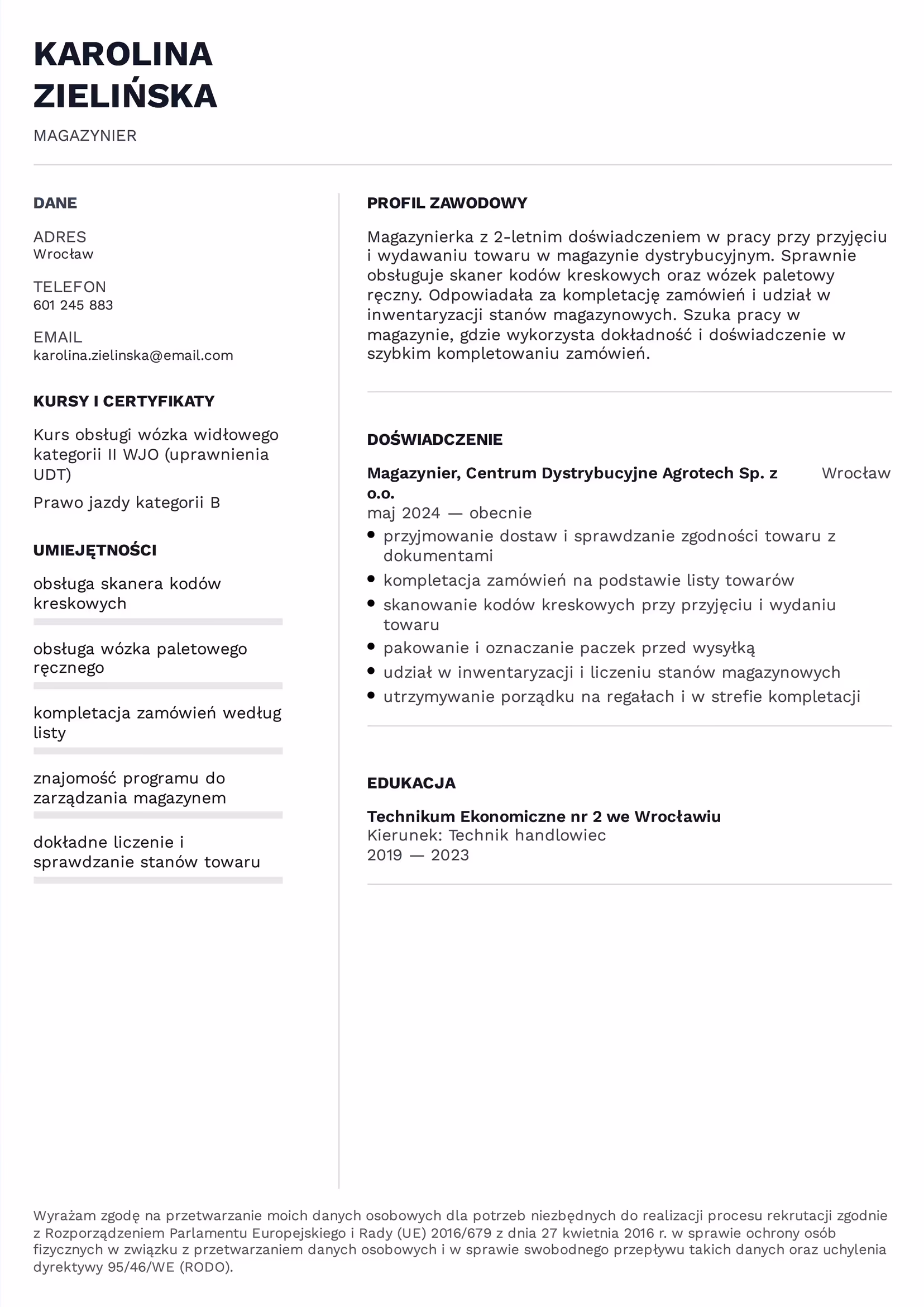 Wzór CV magazyniera po polsku — profil zawodowy, doświadczenie, umiejętności