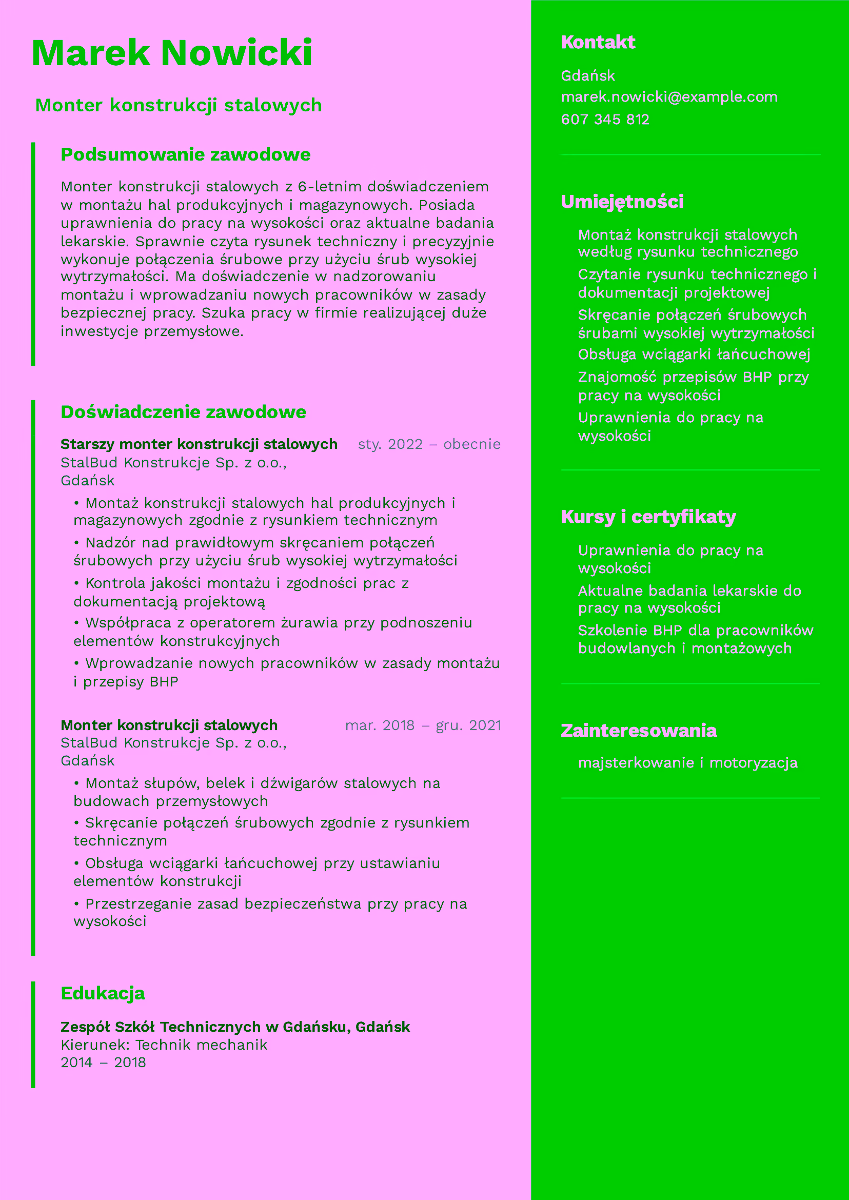Wzór CV montera konstrukcji stalowych po polsku — podsumowanie zawodowe, doświadczenie, umiejętności