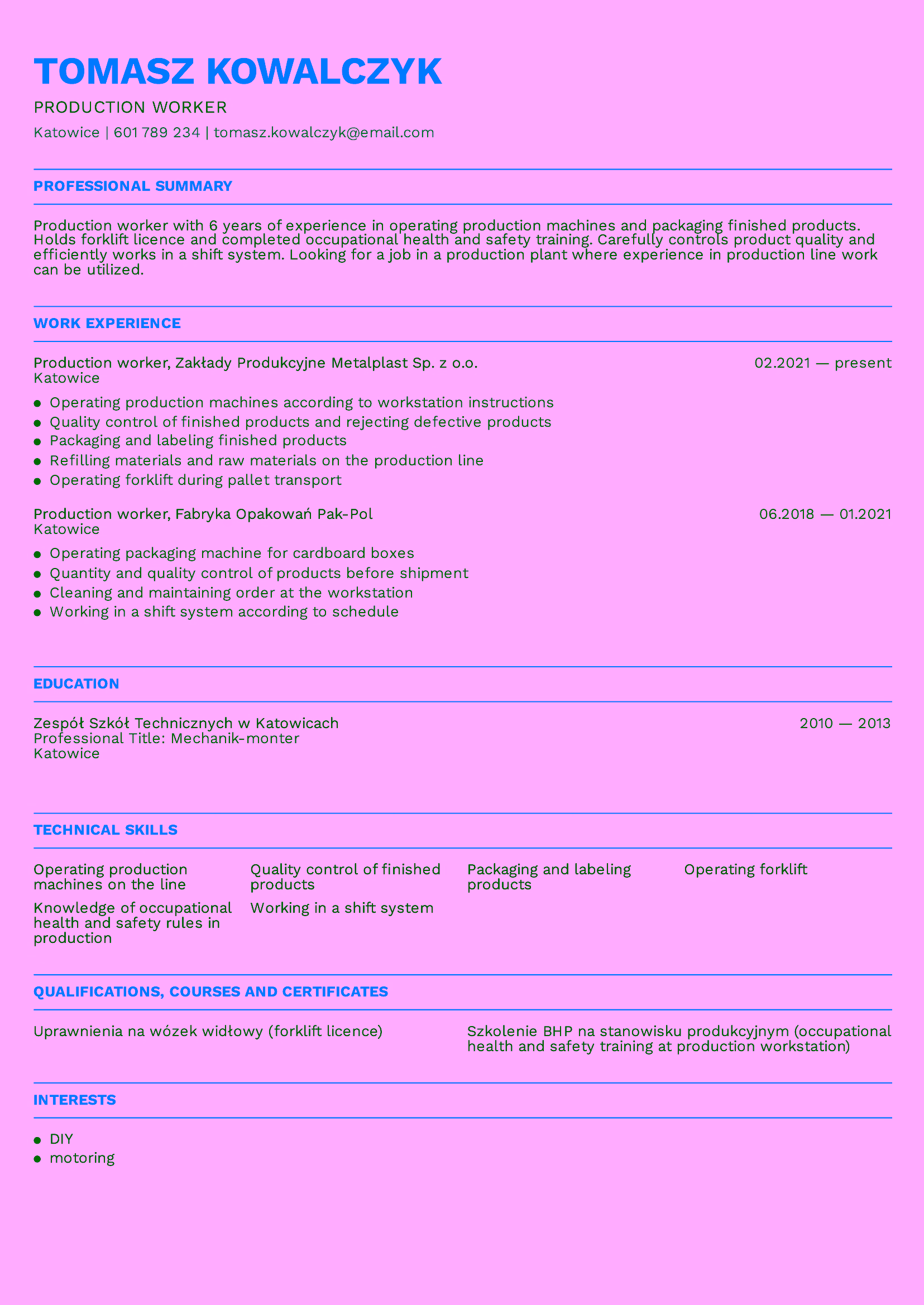 To samo CV pracownika produkcji przetłumaczone na angielski — production worker, work experience, technical skills