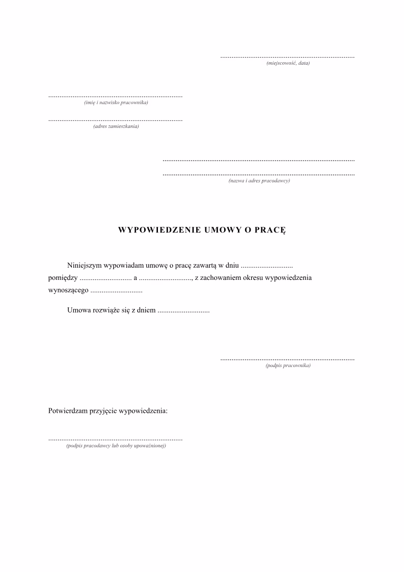 Wzór wypowiedzenia umowy o pracę — dokument do wypełnienia, do pobrania w PDF