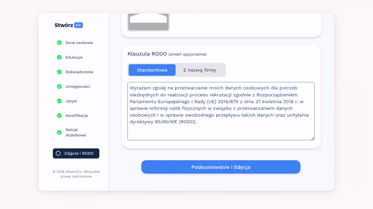 Kreator CV z gotową klauzulą RODO