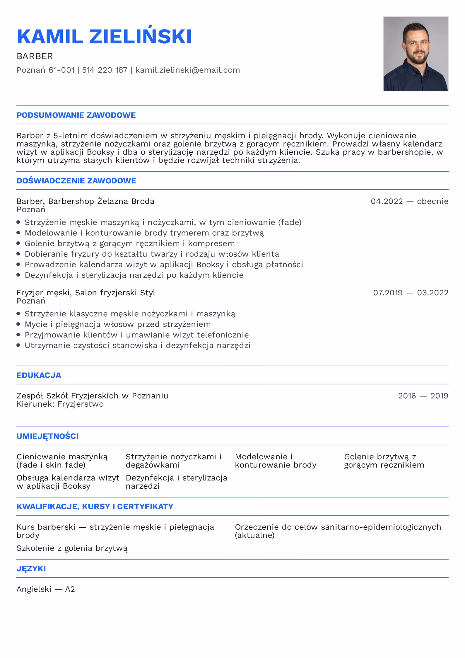 Wzór CV barbera z doświadczeniem — pełny dokument na stronie A4